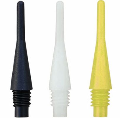 845_851 Das Bild zeigt drei verschiedenfarbige Dartspitzen: schwarz, weiß und gelb. Sie sind Ersatzspitzen für Softdarts und werden als "Shorties (1000er Pack) - Spitzen" verkauft.