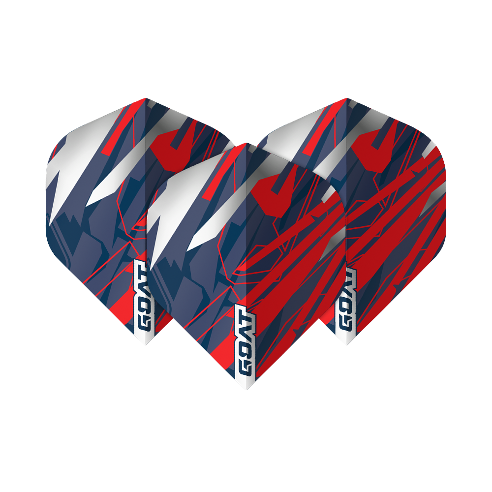 Das Bild zeigt drei Dart-Flights des Produkts "GOAT Homerun No2 Standard Flights". Die Flights sind in den Farben Rot, Blau und Weiß gestaltet und mit dem Schriftzug "GOAT" versehen.
