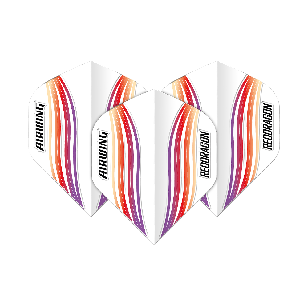 Red Dragon Airwing Red Wave Standard Flights Das Bild zeigt drei Dart-Flights mit dem Namen "Red Dragon Airwing Red Wave Standard Flights". Sie sind weiß mit roten, orangen und violetten Wellenlinien und der Aufschrift "AIRWING" und "REDDRAGON".