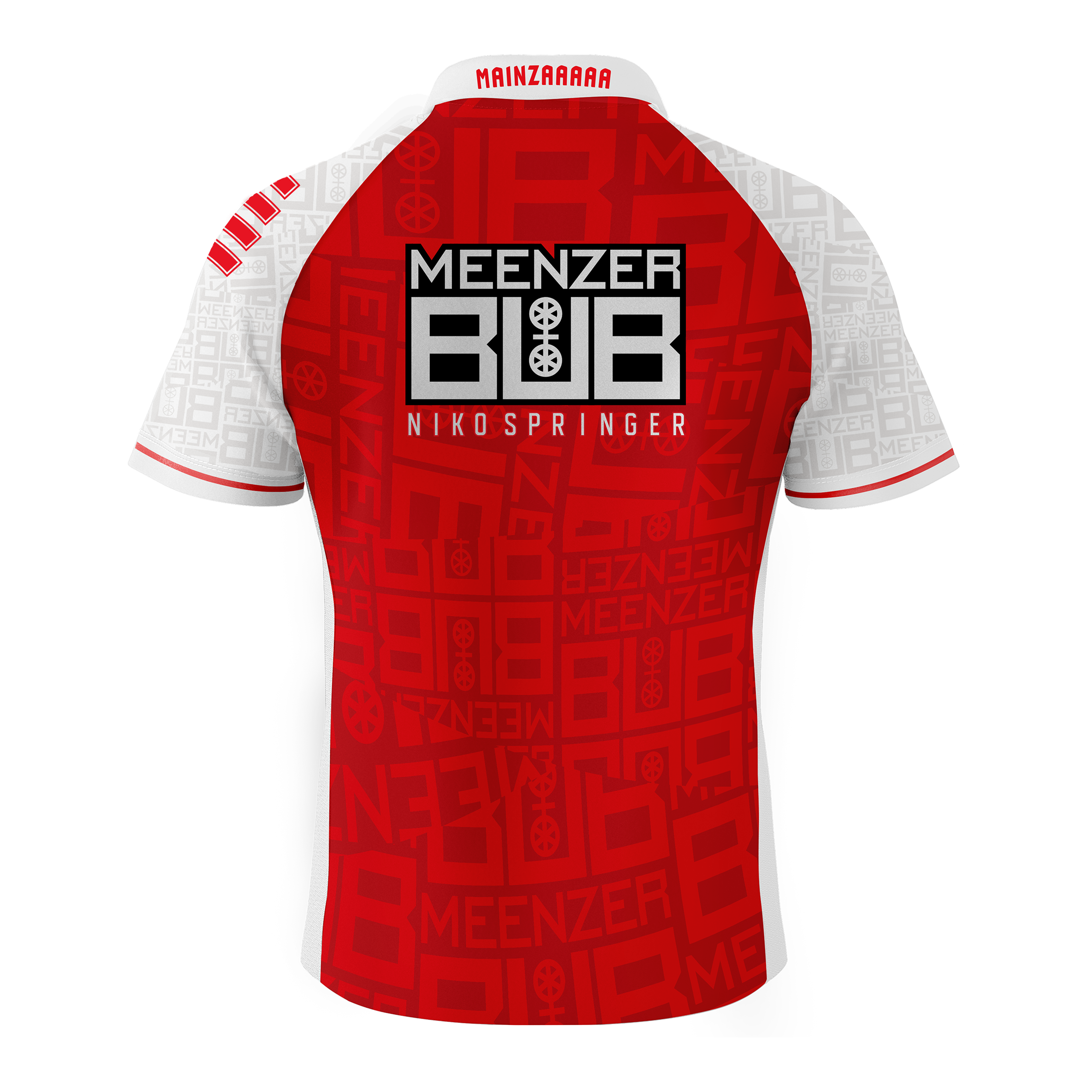 Das Bild zeigt ein Dartshirt mit der Aufschrift "Meenzer Bub Nikospringer" auf dem Rücken. Das Shirt ist überwiegend rot mit weißen Ärmeln und auffälligen Mustern.
