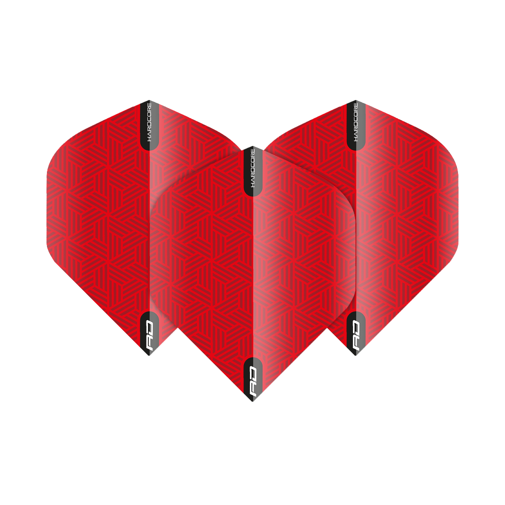 Das Bild zeigt die "Red Dragon Hardcore Red Standard Flights". Die Flights sind rot mit einem geometrischen Muster und schwarzen Markierungen.