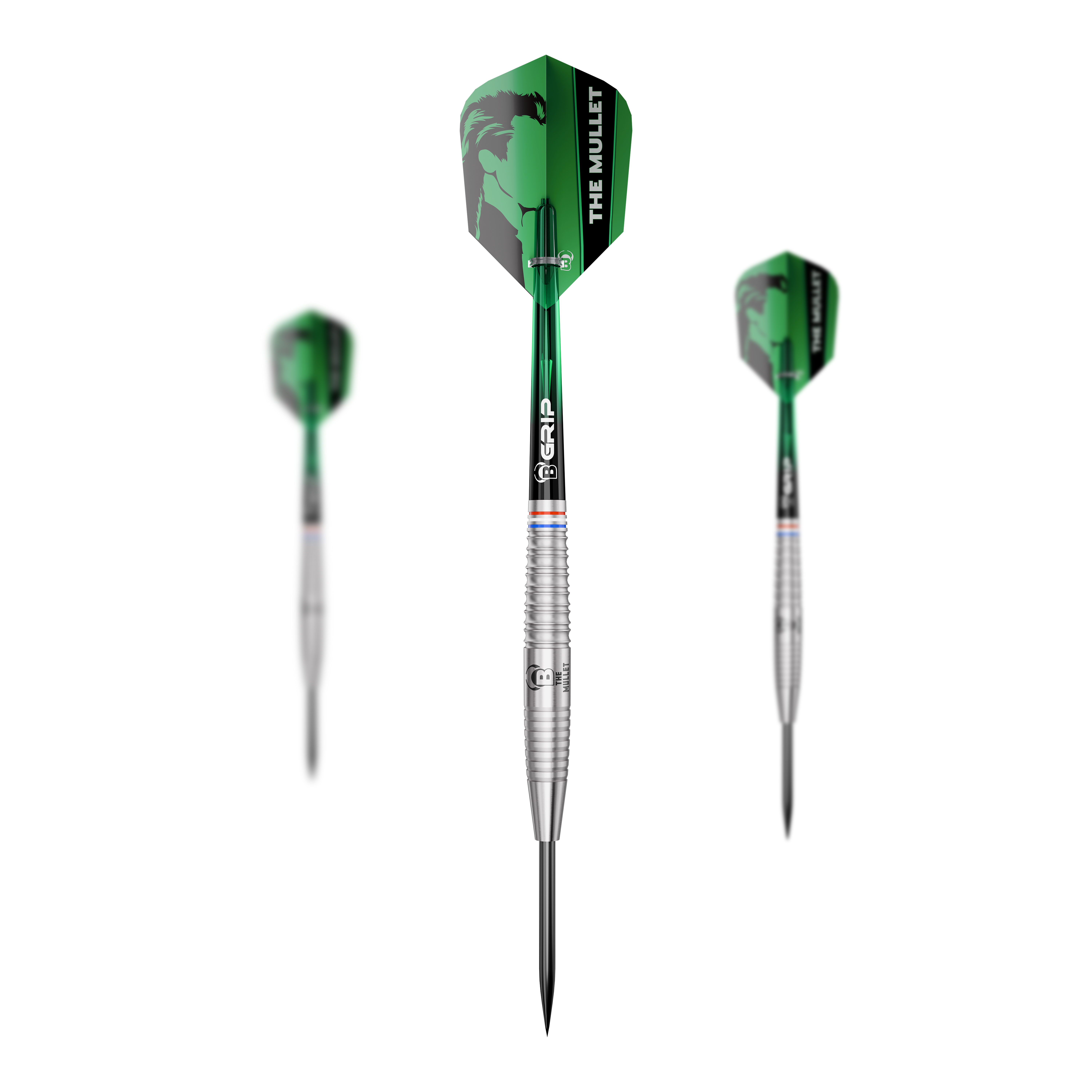 Hier sind die Bulls Danny Jansen G2 Steeldarts als Set zu sehen. Mehrere Dartpfeile werden geordnet präsentiert.