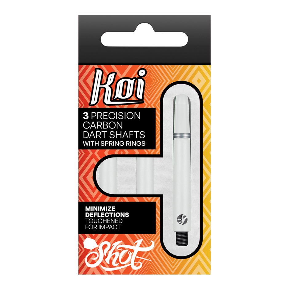Shot Koi Carbon Shafts - White Die Verpackung zeigt drei präzise Carbon-Dartschäfte mit Sprengringen der Marke Koi. Sie sind darauf ausgelegt, Ablenkungen zu minimieren und für eine hohe Schlagfestigkeit verstärkt.