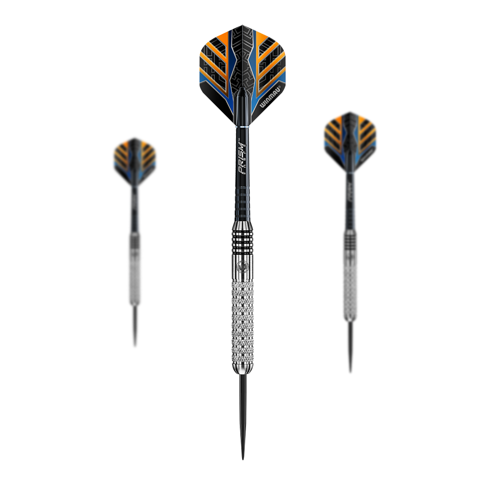 Winmau Barbarian Tungsten Style Steeldarts Das Bild zeigt drei Winmau Barbarian Tungsten Style Steeldarts. Die Darts haben silberne Spitzen, metallisch strukturierte Griffe und schwarze Flights mit orange-blauen Mustern.