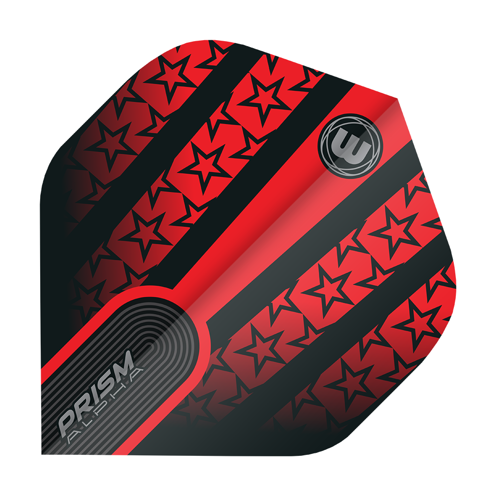 6915-178_Winmau_Prism_Alpha_6915-178_Standard_Flights_15PyRQzQKJT1zv Das Bild zeigt das Produkt "Winmau Prism Alpha 6915.178 Standard Flights". Das Design ist überwiegend rot und schwarz mit auffälligen Sternmustern und dem Prism Alpha-Logo.