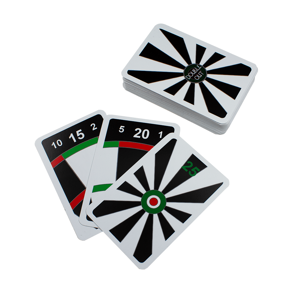 5172_McDart_Double_Out_Darts_Card_Game_2 Das Bild zeigt das Kartenspiel "McDart Double Out Darts Card Game". Auf den Spielkarten sind Dart-Zahlen und Dartboard-Grafiken abgebildet.