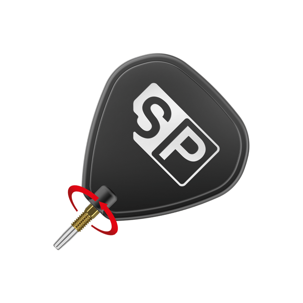 Target Swiss Point Nano Dart Tips - Gold Das Bild zeigt eine schwarze Dart-Flight mit der weißen Aufschrift "SP". Unten ist eine goldfarbene Dartspitze mit silberner Spitze zu sehen.