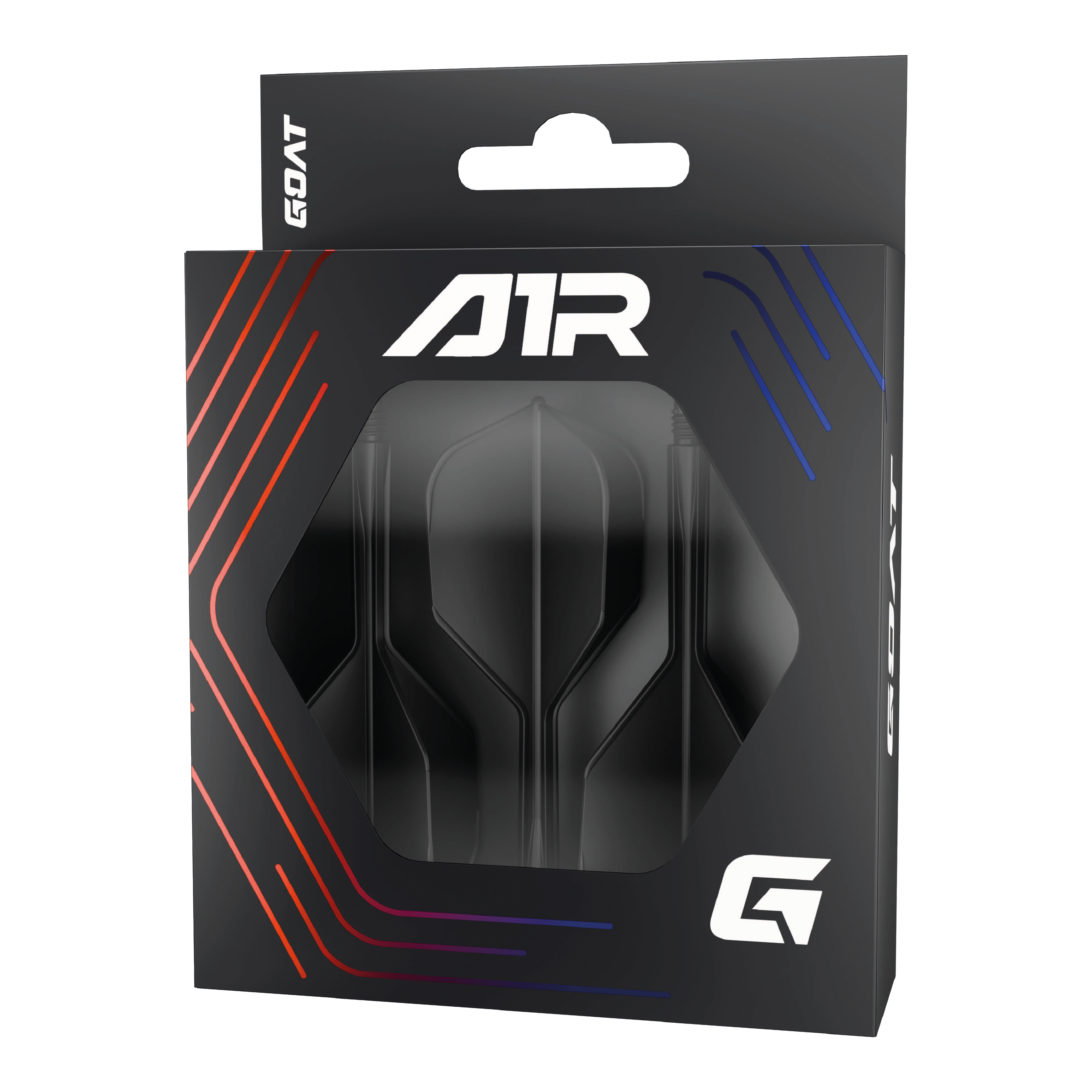 Die Abbildung zeigt die Verpackung des Produkts „GOAT A1R No6 Flight-Shaft-System - Schwarz“. In der schwarzen Schachtel sind Flights und Shafts für Dartpfeile sichtbar.