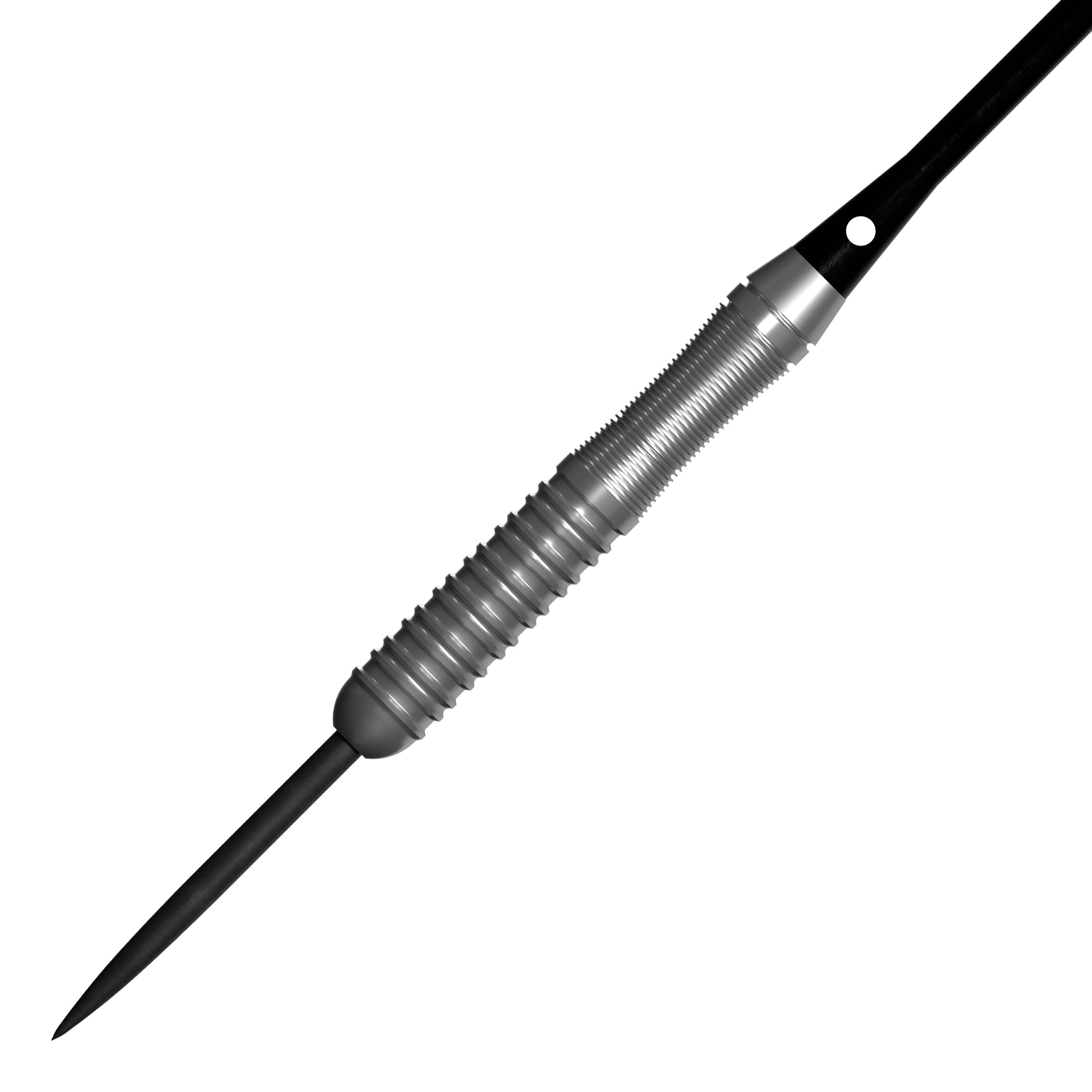 Bulls NL Lightning Pink steel darts Das Bild zeigt einen silbernen Steeldartpfeil mit einem geriffelten Griff. Es handelt sich um das Produkt "Bulls NL Lightning Pink Steeldarts".