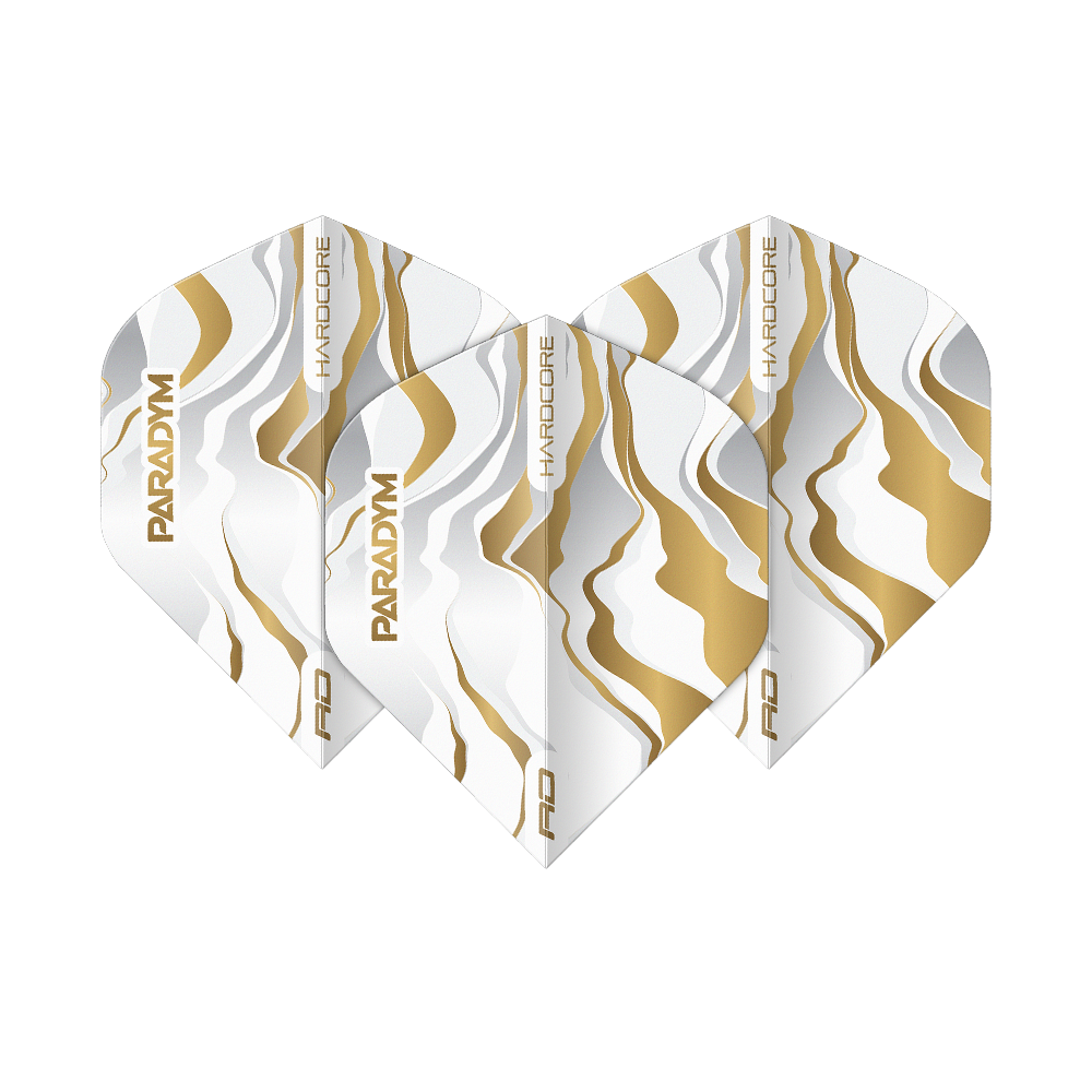 Das Bild zeigt das Set Red Dragon Hardcore Premium Paradym Gold Premium No2 Standard Flights. Die Flights zeichnen sich durch ihr goldfarbenes Design und Premium-Qualität aus.