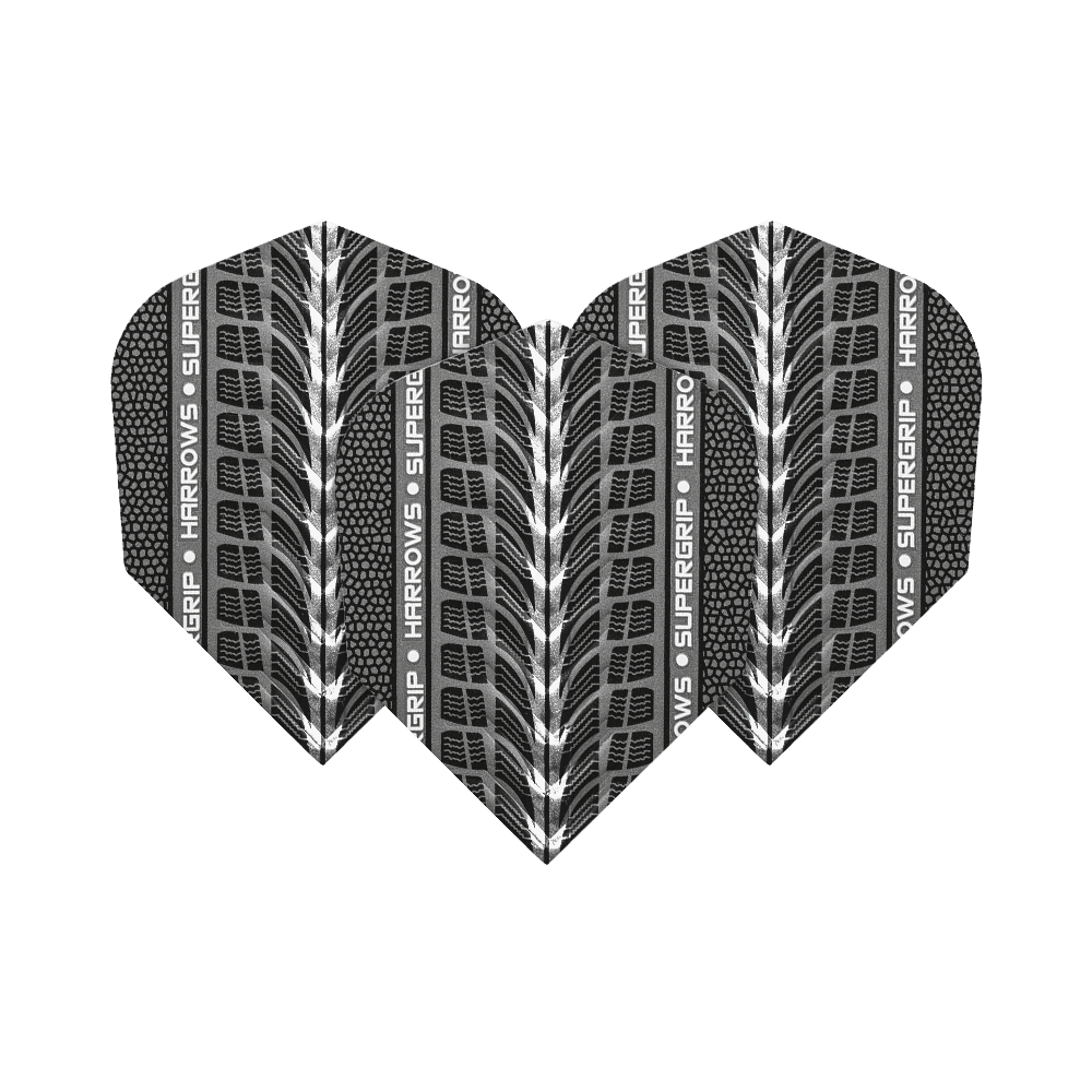 Harrows Supergrip Weiß No6 Flights sind abgebildet. Das Bild zeigt weiße Dart-Flights der Marke Harrows.