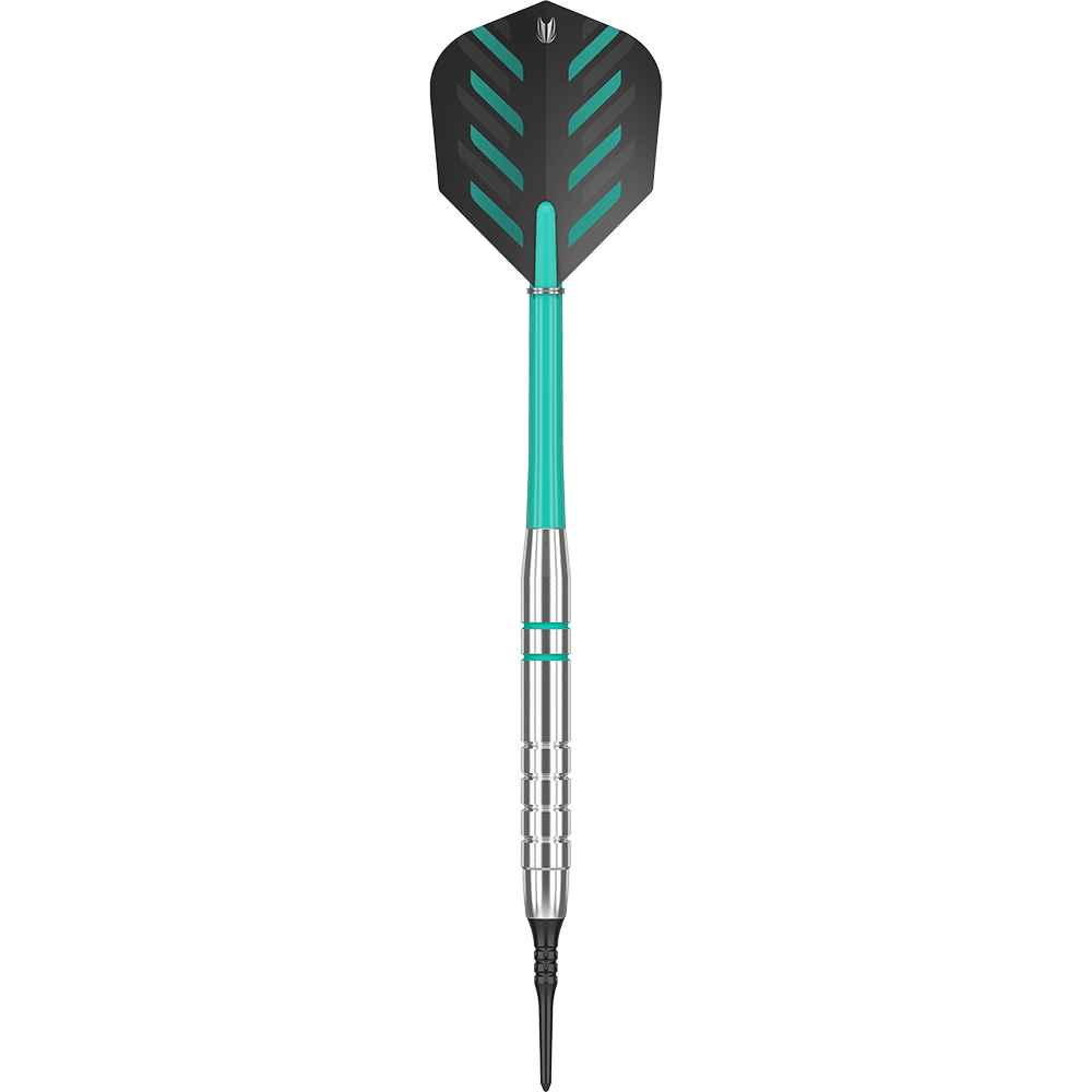 100550_Target_Rob_Cross_Silver_Voltage_Softdarts_1HKmViLZqwgvIe Dies ist ein Target Rob Cross Silver Voltage Softdart mit einem Gewicht von 18g. Der Dart hat eine silberne Spitze, einen türkisfarbenen Schaft und schwarze Flights mit grünen Akzenten.