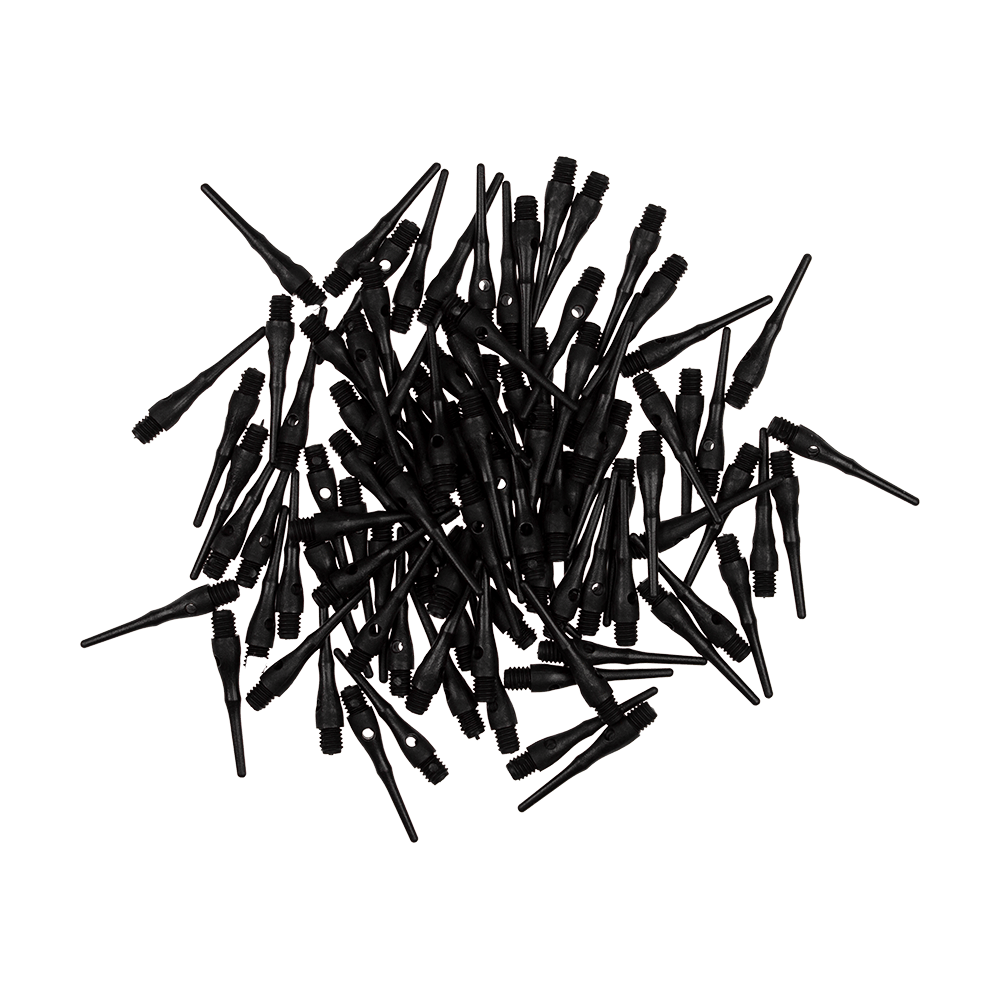 DP03SD_McDart_9er_Softdarts_3 Auf dem Bild sind viele schwarze Softdartspitzen des Produkts "McDart 9er Softdarts" zu sehen. Sie liegen ungeordnet auf einem Haufen.