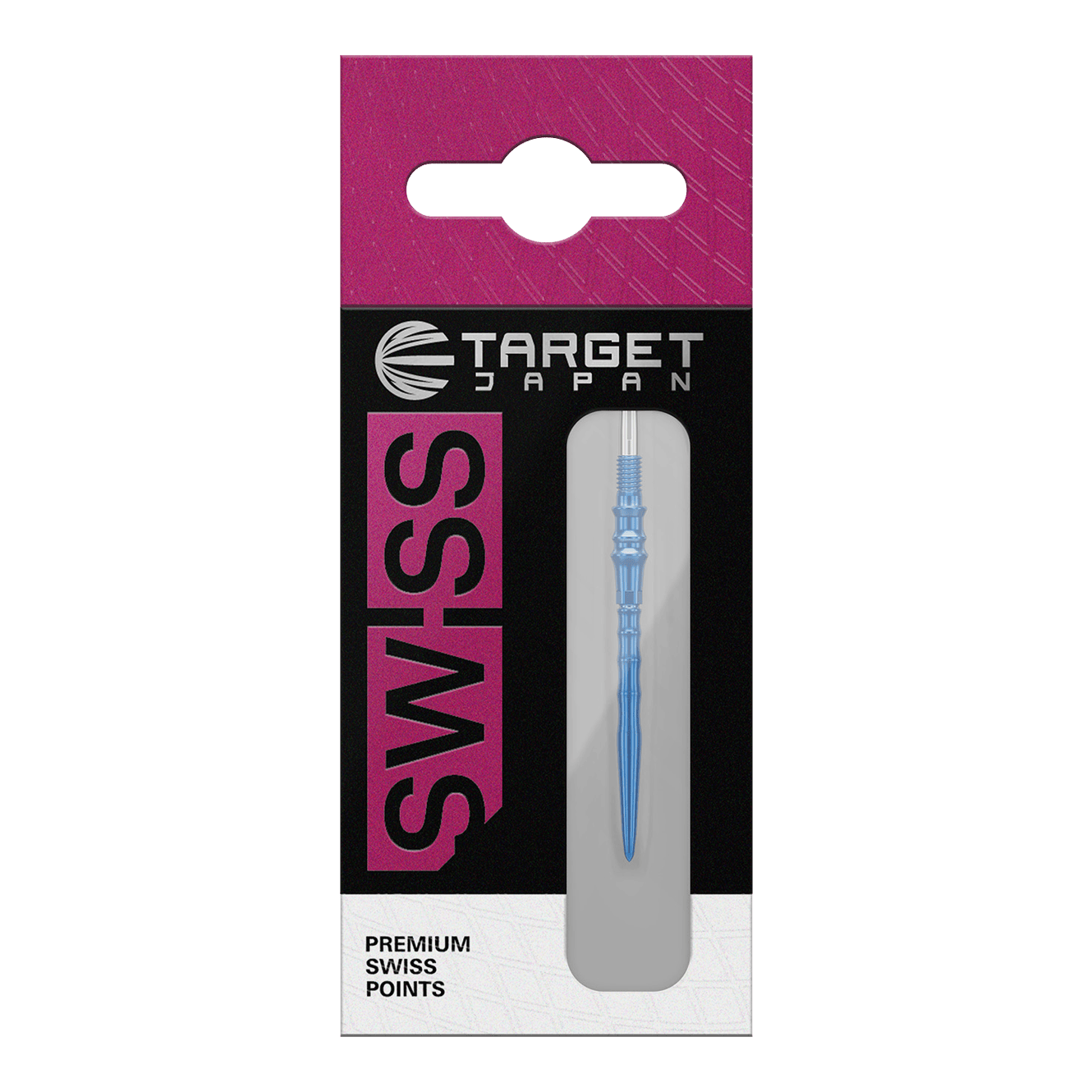 Zu sehen sind Target Japan Premium Swiss Point Dartspitzen in der Farbe Blau. Sie werden als Ersatzspitzen für Dartpfeile verwendet.