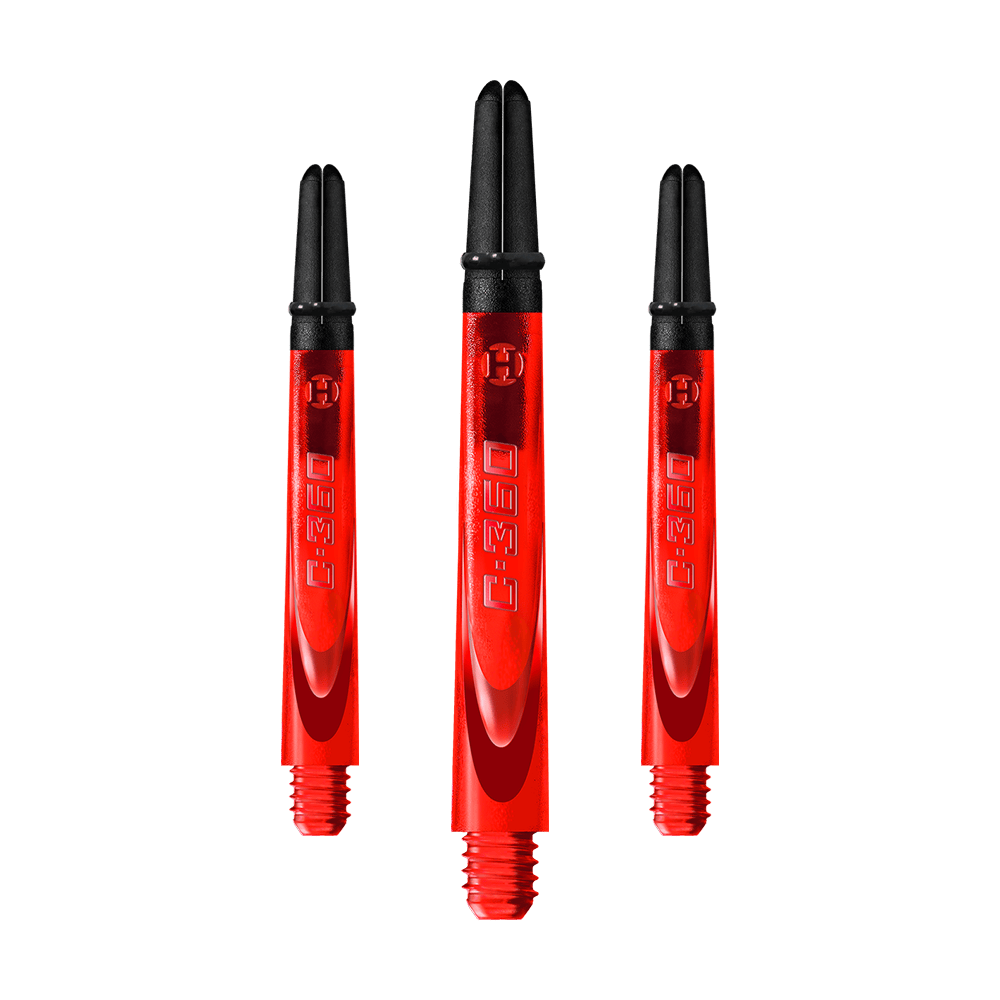 HR457_Harrows_Carbon_360_Shafts_Rot_49mm_1ad6hFLzXewFDv Das Bild zeigt drei rote Dartschäfte mit schwarzem oberen Ende. Auf den Schäften steht die Aufschrift "C-360".
