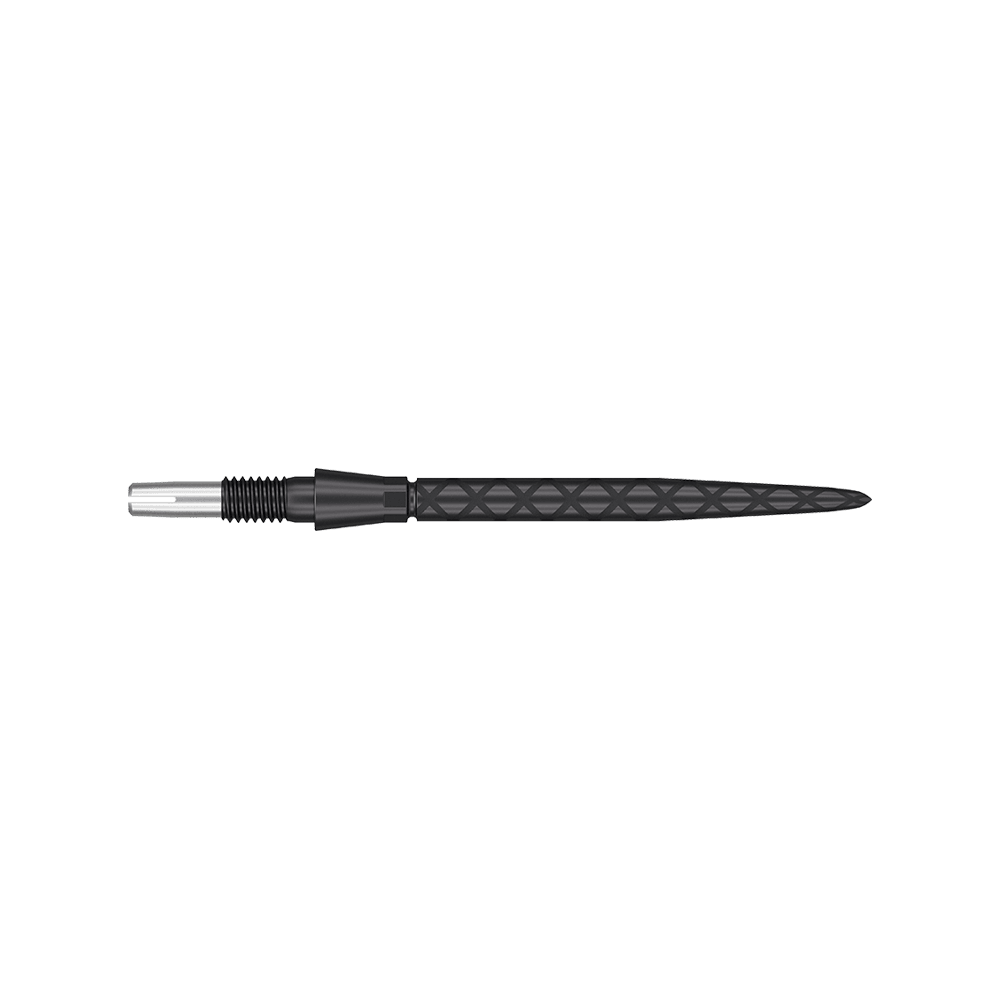 Target Swiss Storm Diamond Point Dart Tips - Black Auf dem Bild ist eine schwarze Dartspitze mit diamantförmigem Muster zu sehen. Sie ist lang und hat ein präzises, spitzes Ende.