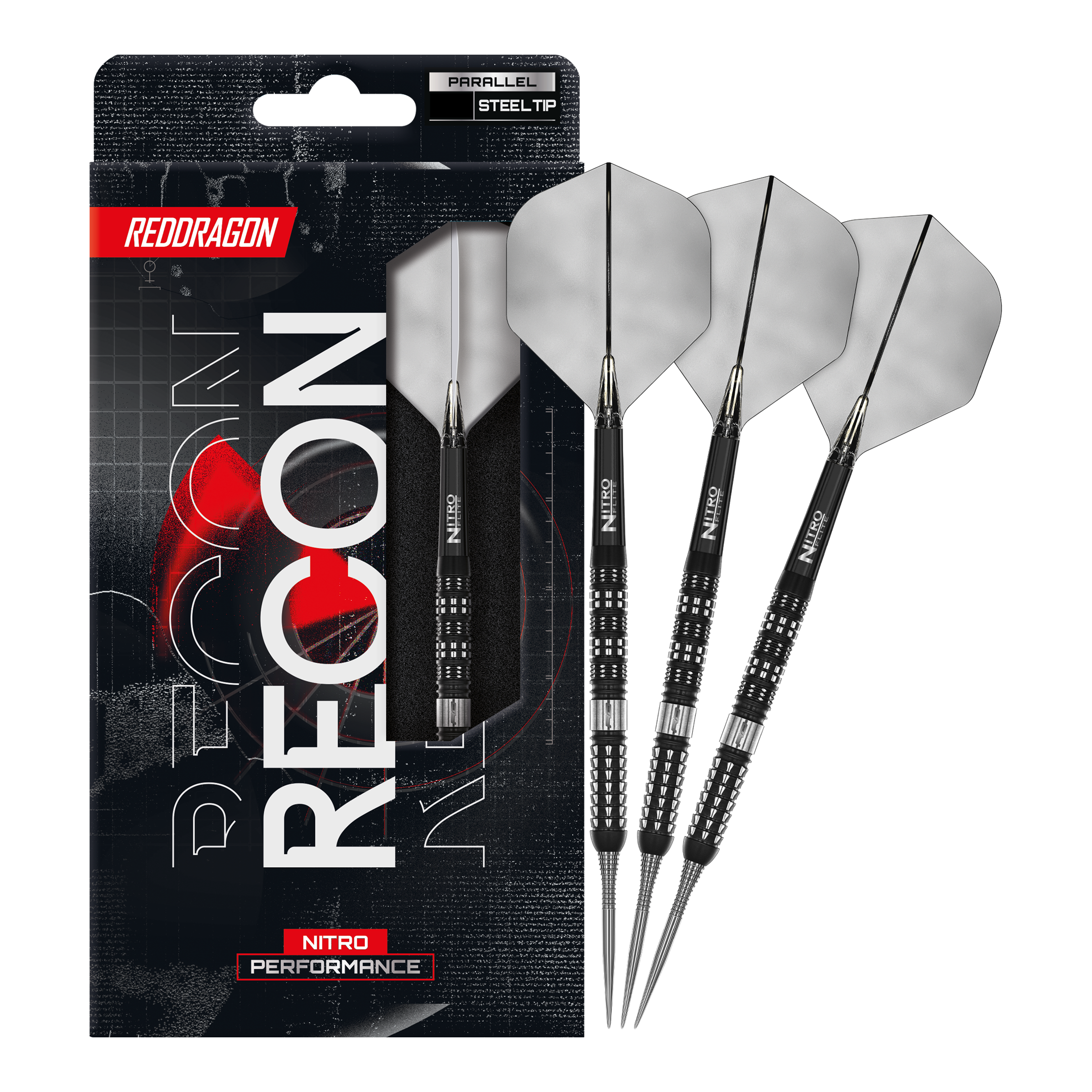 Auf diesem Bild erkennt man die Red Dragon Recon Parallel Steeldarts in voller Länge. Diese Darts sind für eine gleichmäßige Wurfbalance bekannt.