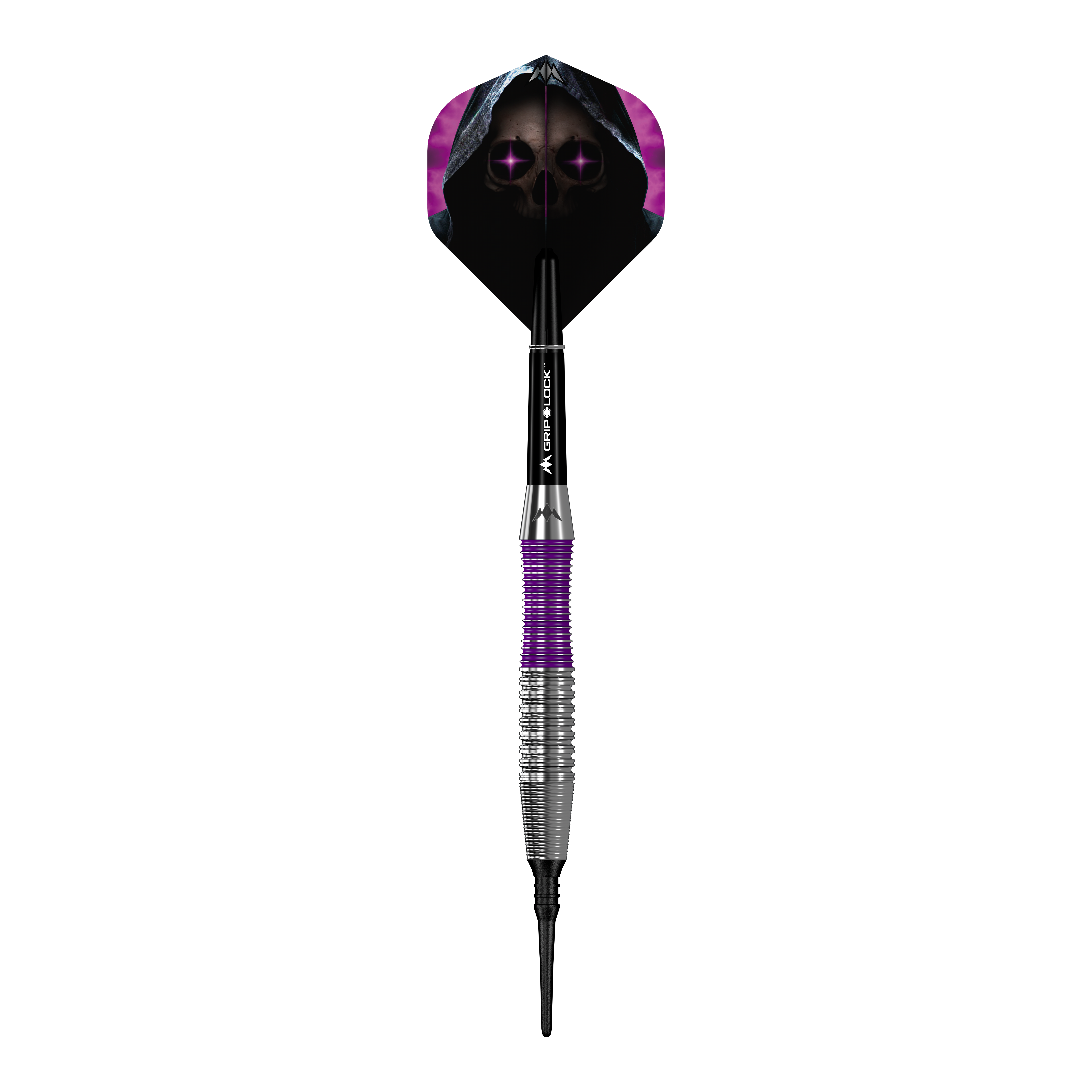 Mission Phantom Brass Soft Darts - 18g Der Mission Phantom Brass Softdart - 18g hat ein markantes Design mit lila und silbernem Griff. Das Dartflight zeigt ein gruseliges Totenkopf-Motiv mit violetten Augen und Kapuze.