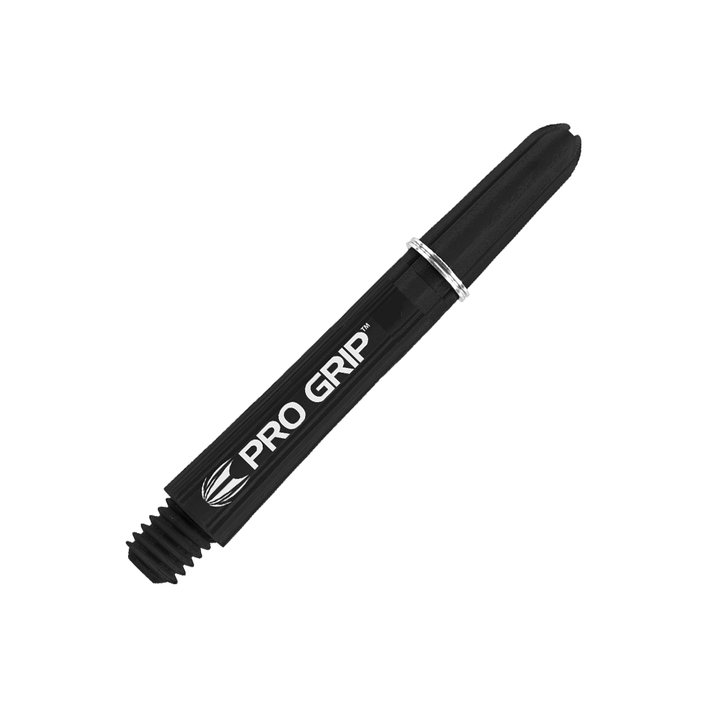 Das Bild zeigt einen schwarzen Target Pro Grip Schaft für Dartpfeile. Auf dem Schaft steht in weißer Schrift "PRO GRIP".