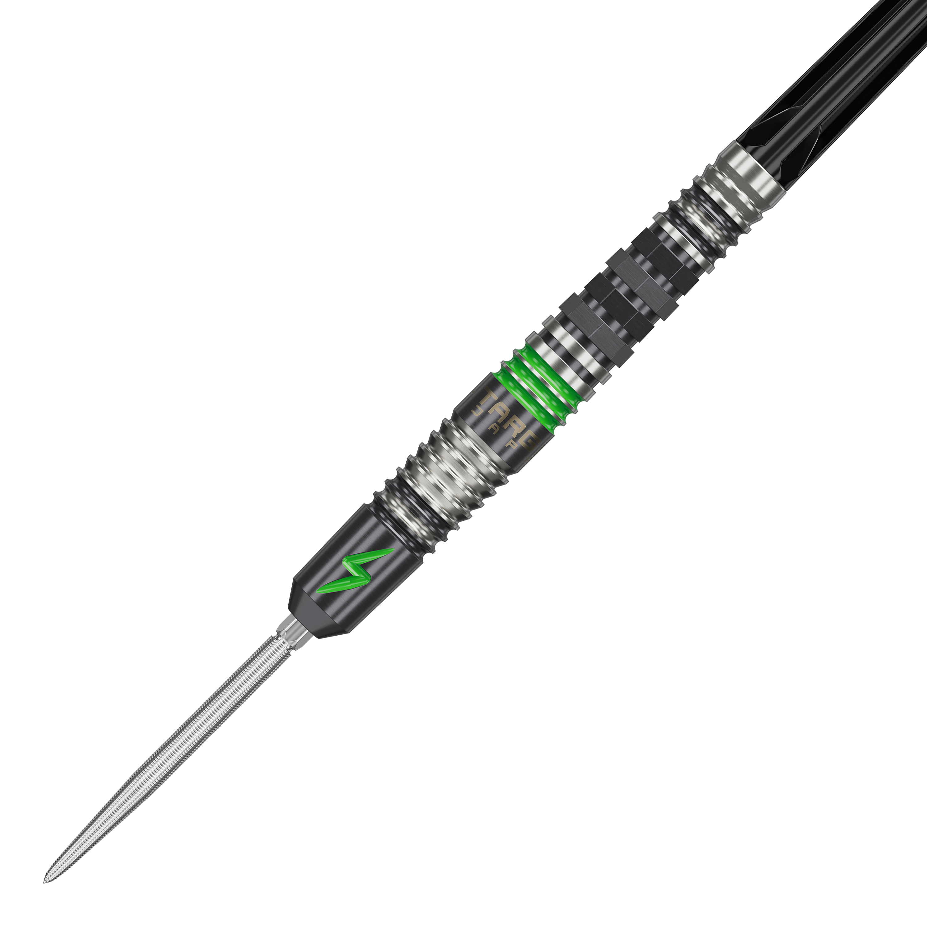 Das Bild zeigt einen Target Japan Black Marque Lightning 3 SP Steeldart. Der Dartpfeil hat ein modernes Design mit schwarzen und silbernen Elementen sowie auffälligen grünen Akzenten.
