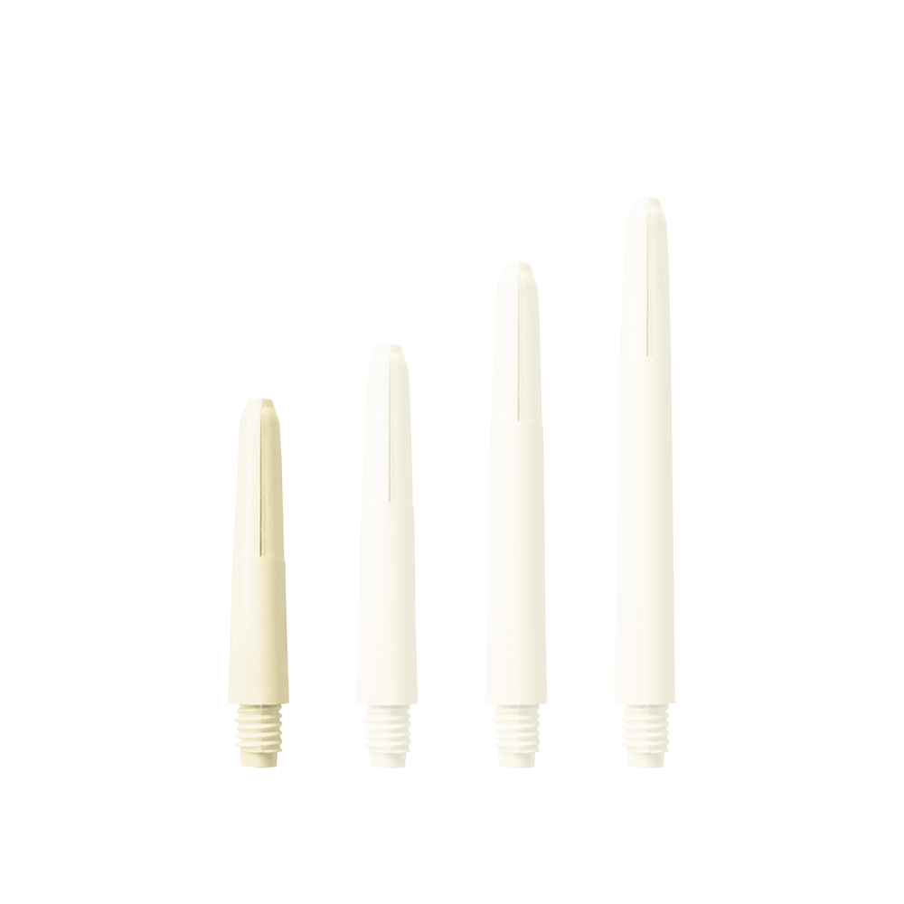 575_Nylon_Shafts_Naturweiss_28mm_15xUTm3L9tur5Y Das Bild zeigt vier Nylon Shafts in Naturweiß, die in unterschiedlichen Längen angeordnet sind. Sie haben ein Gewinde am unteren Ende.
