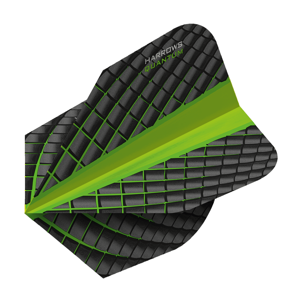 HR6800_Harrows_Quantum_Gr-n_No6_Flights_2 Das Bild zeigt ein Harrows Quantum No6 Dartflight in Grün. Das Flight ist schwarz mit grünen Linien und einem grünen Streifen in der Mitte gestaltet.