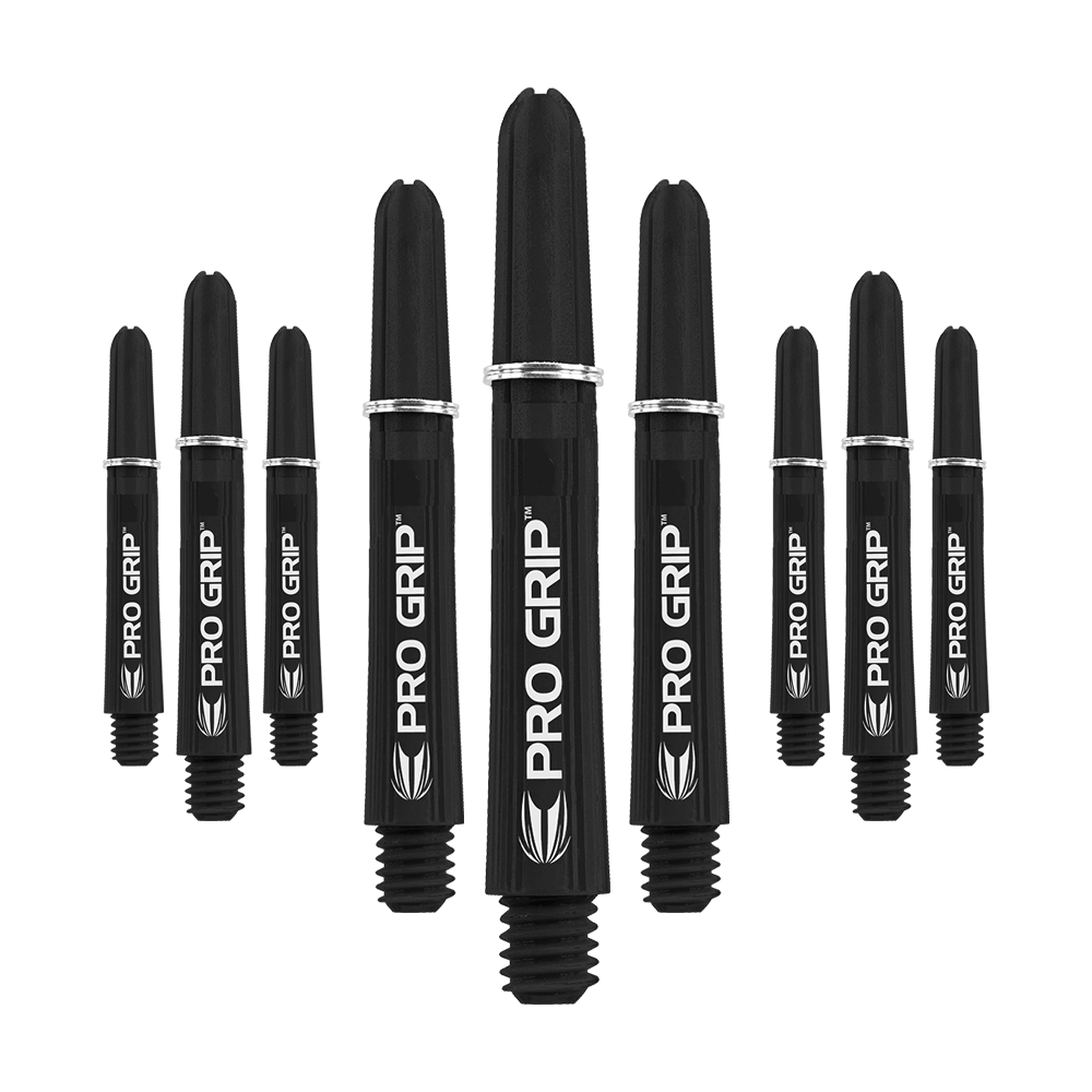 Das Bild zeigt neun schwarze Pro Grip Shafts für Dartpfeile in drei unterschiedlichen Längen. Die Shafts sind mit dem weißen Schriftzug "PRO GRIP" und einem Blatt-Symbol bedruckt.