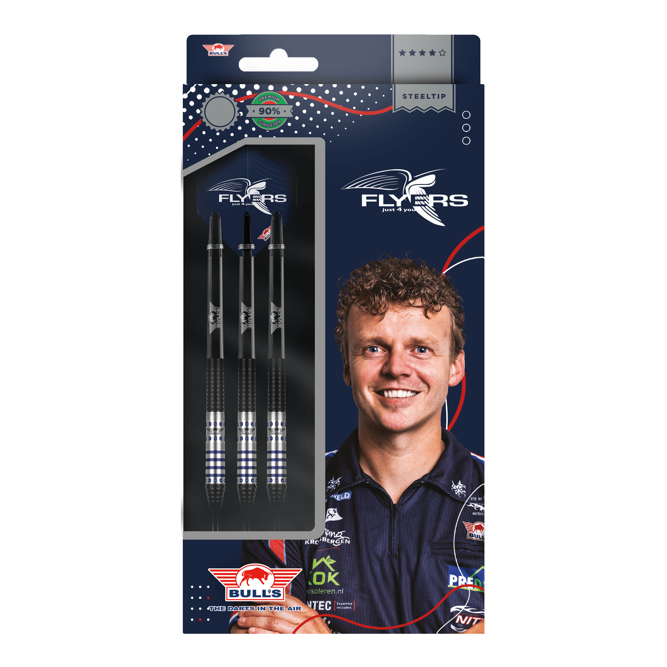 Bulls NL Richard Veenstra 90 Steeldarts - 23g Die Abbildung zeigt eine Verpackung der "Bulls NL Richard Veenstra 90 Steeldarts - 23g". Auf der Vorderseite sind drei Steeldarts und das Bild eines lächelnden Mannes abgebildet.