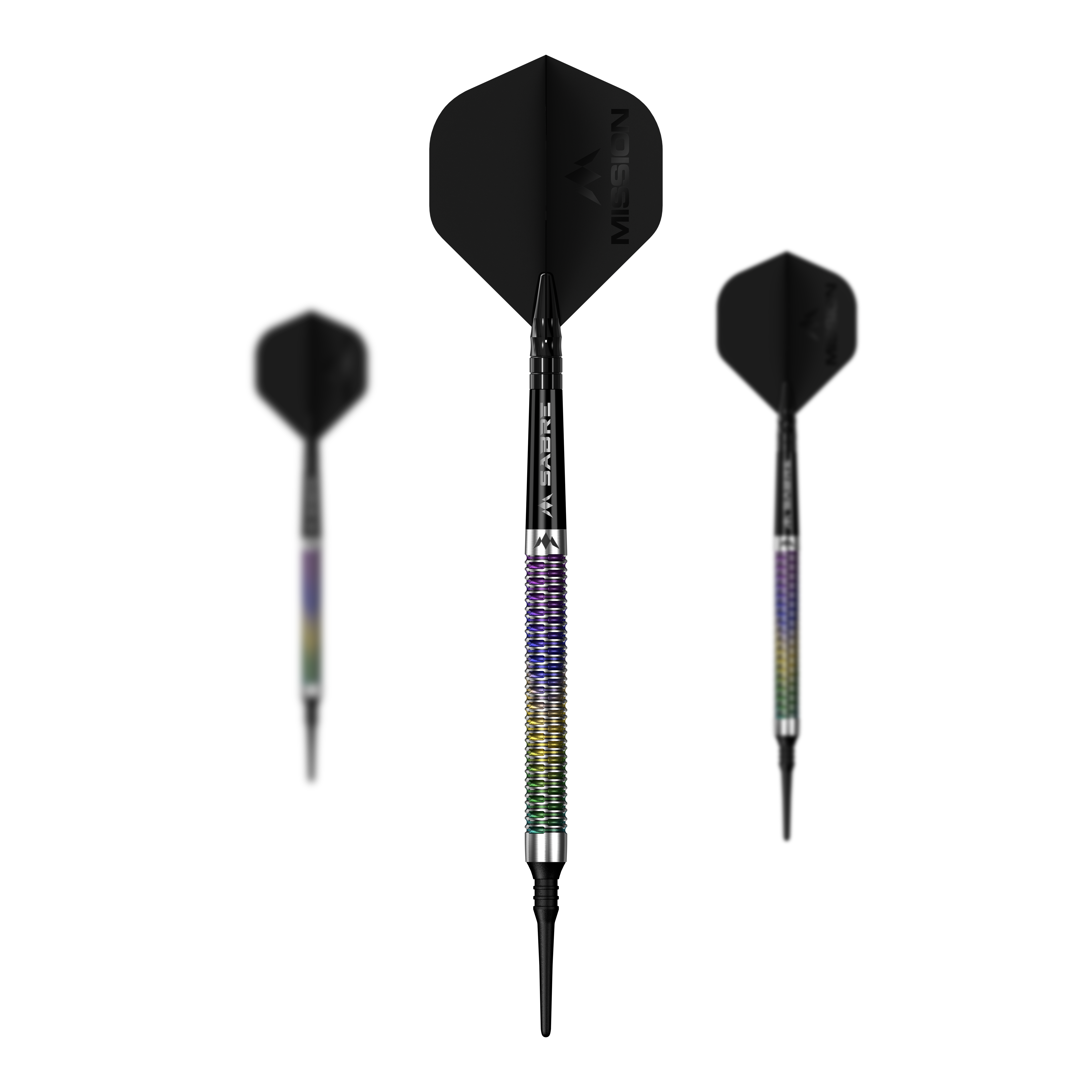 Mission Kaleidos soft darts - 19g Mission Kaleidos Softdarts - 19g wird als Set auf dem Bild präsentiert. Mehrere Softdarts sind nebeneinander angeordnet.