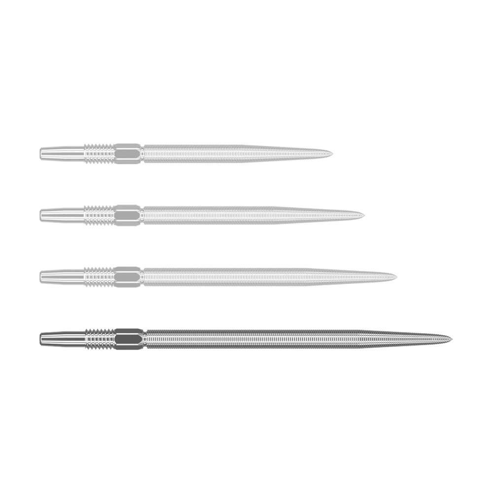 Target Swiss Point Nano Dart Tips - Silver Auf dem Bild sind vier silberne Dartspitzen in einer Reihe zu sehen. Sie sind spitz zulaufend und haben eine feine Riffelung am oberen Ende.