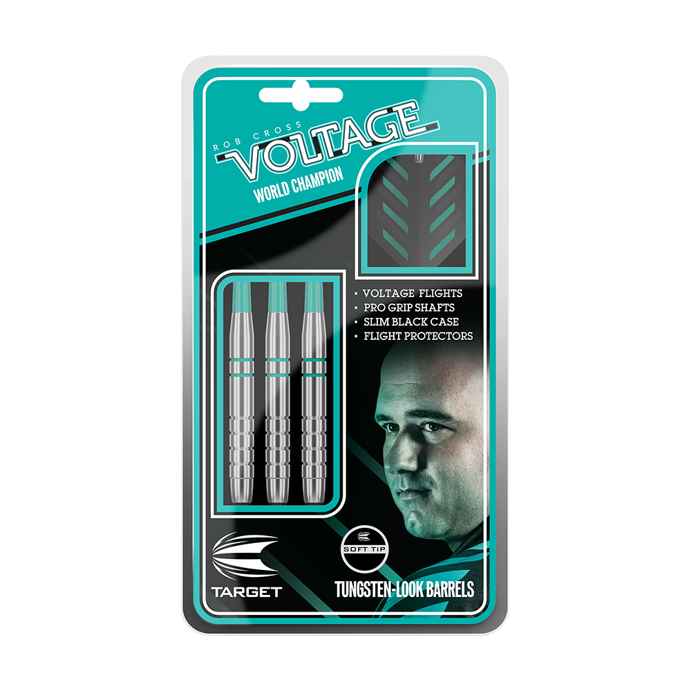 100550_Target_Rob_Cross_Silver_Voltage_Softdarts_3_-4_Plastikbox Das Bild zeigt die Verpackung der "Target Rob Cross Silver Voltage Softdarts - 18g". In der Verpackung sind drei silberne Softdarts mit Zubehör wie Flights und Schäften zu sehen.