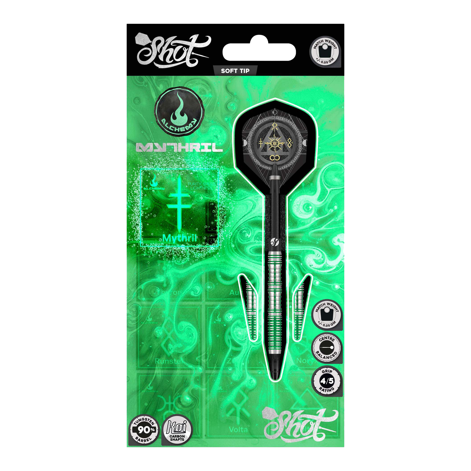 Shot Alchemy Mythril Soft Darts - 20g Das Bild zeigt die Shot Alchemy Mythril Softdarts mit einem Gewicht von 20g. Hier sieht man das Produkt aus einer bestimmten Perspektive.