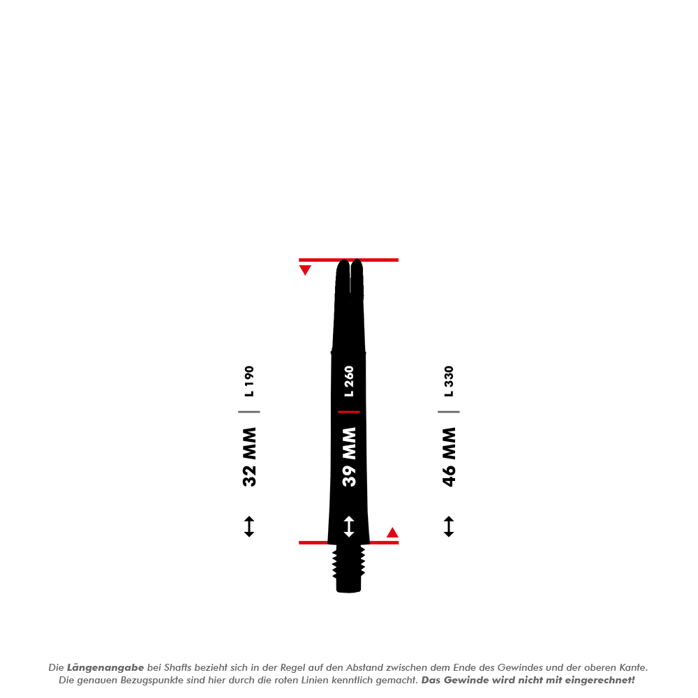 Das Bild zeigt einen geraden L-Shaft mit der Länge von 39 mm. Es sind auch die Längenvarianten 32 mm und 46 mm eingezeichnet.
