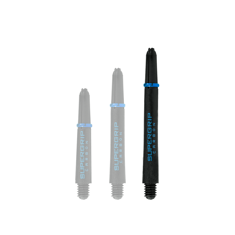 Das Bild zeigt drei Harrows Supergrip Carbon Shafts in der Farbe Aqua. Die Shafts sind unterschiedlich lang und stehen nebeneinander.