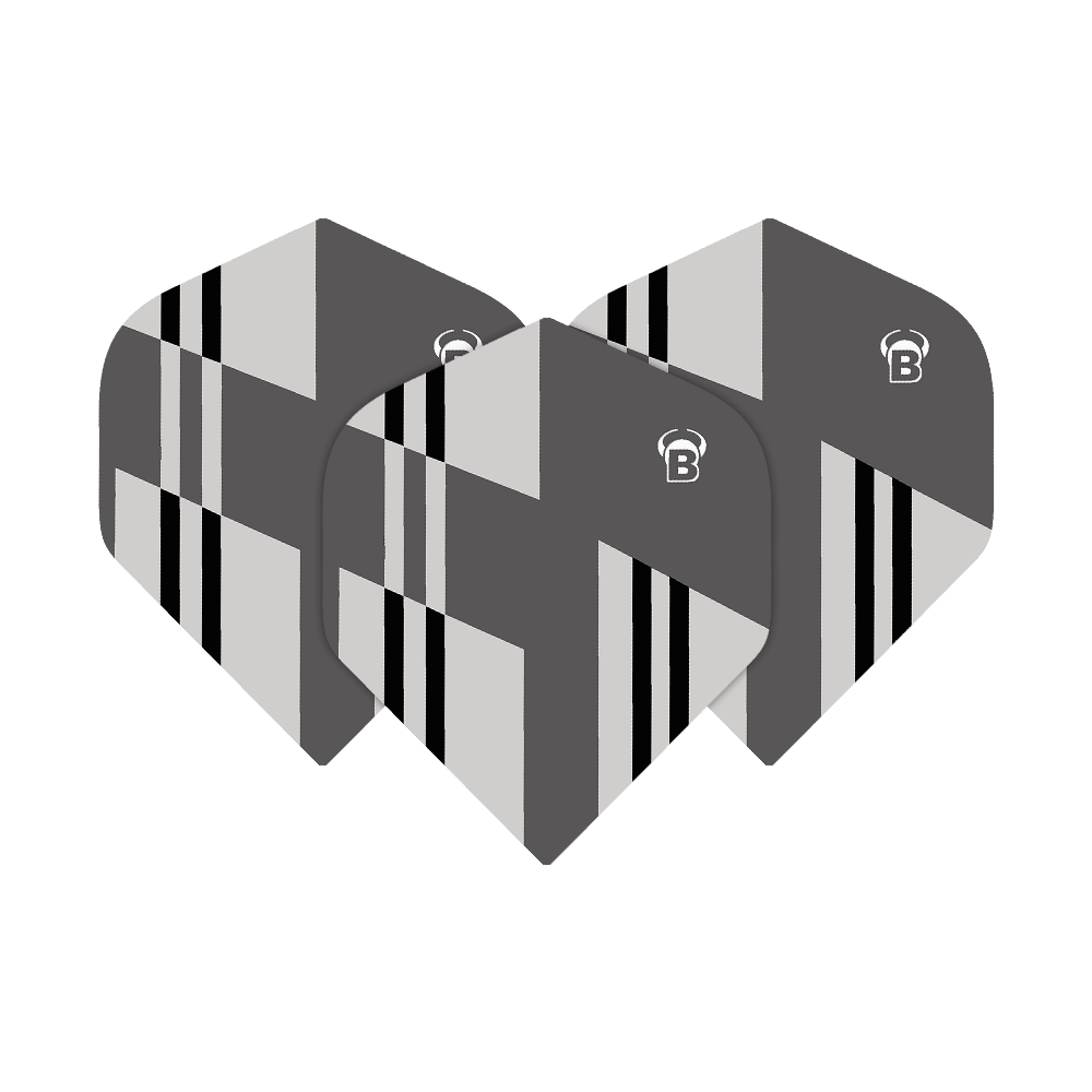 Bulls B-Star Tac No2 Standard Flights Das Bild zeigt drei Dart-Flights des Produkts „Bulls B-Star Tac No2 Standard Flights“. Die Flights sind in Grau-, Schwarz- und Weißtönen mit geometrischem Muster gestaltet.