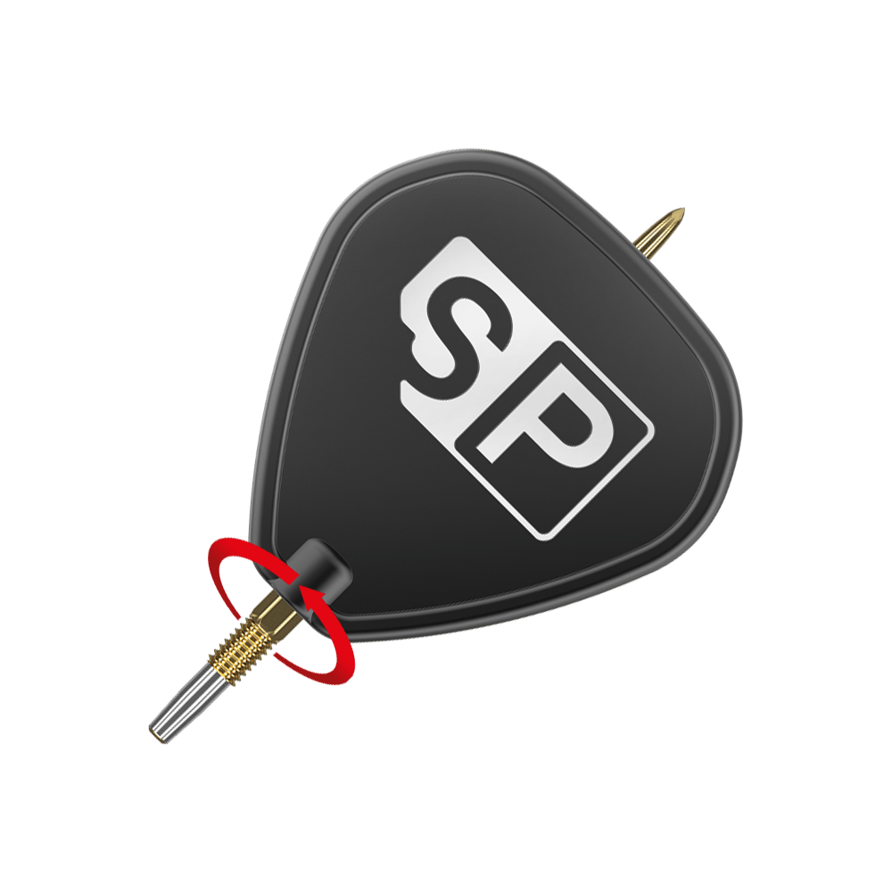 Target Swiss Point Nano Dartspitzen - Black Das Bild zeigt die Target Swiss Point GRD Gold Dartspitzen. Die Spitzen sind goldfarben und an einem schwarzen Flight mit „SP“-Logo befestigt.