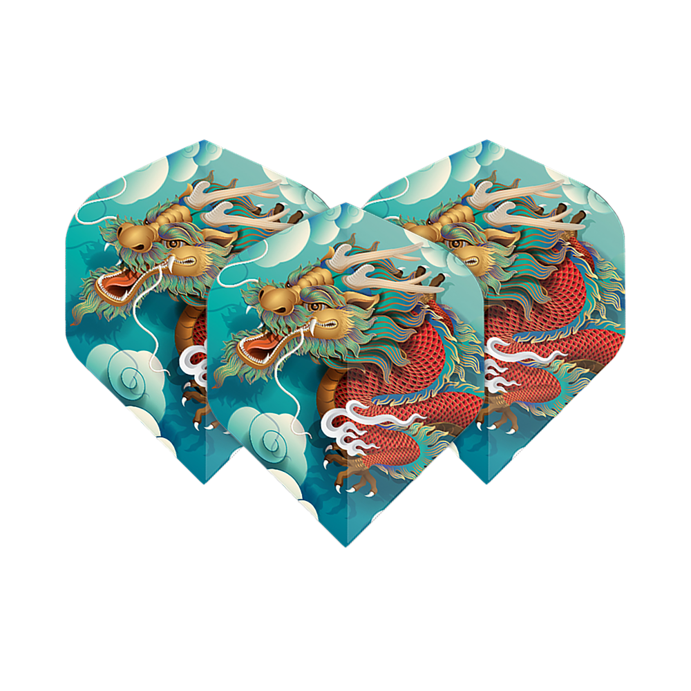 Pentathlon Flights Dragon Das Bild zeigt drei Dart-Flights mit einem bunten Drachenmotiv vor einem blauen Himmel mit Wolken. Es handelt sich um das Produkt "Pentathlon Dragon 5 Standard Flights".