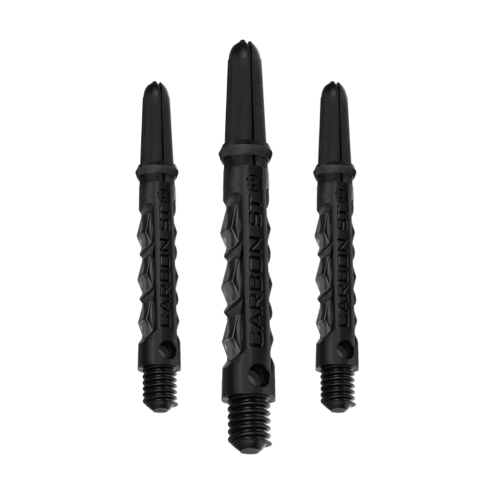 HR435_Harrows_Carbon_ST_Shafts_Schwarz_40mm_1 Das Bild zeigt drei schwarze Harrows Carbon ST Shafts. Sie sind unterschiedlich lang und bestehen aus robustem Material für Dartpfeile.
