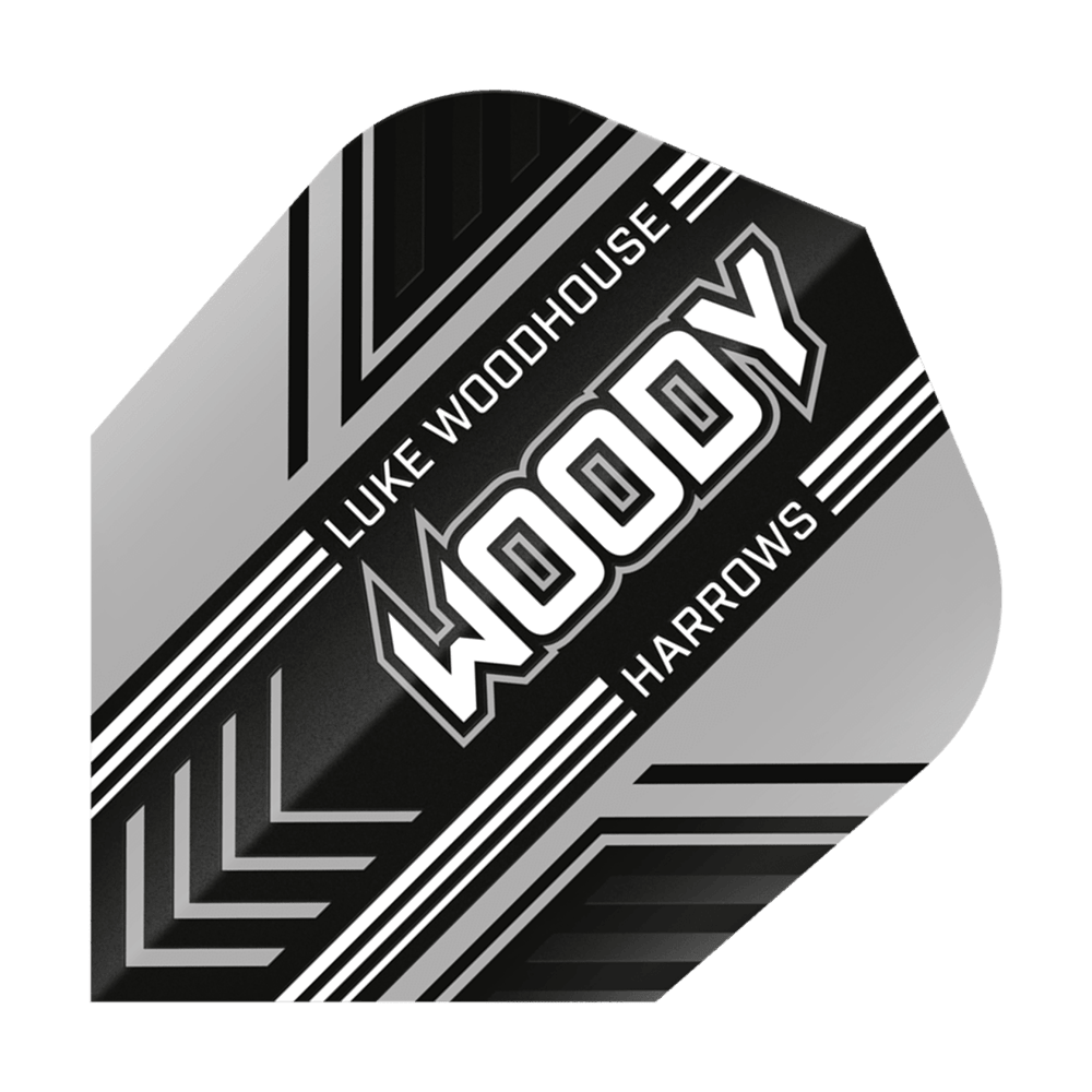 Harrows Prime Luke Woodhouse Woody No6 Flights Das Bild zeigt ein Dartflight mit dem Namen "Harrows Prime Luke Woodhouse Woody No6". Das Design ist schwarz, weiß und silber mit dem Schriftzug "WOODY" in der Mitte.