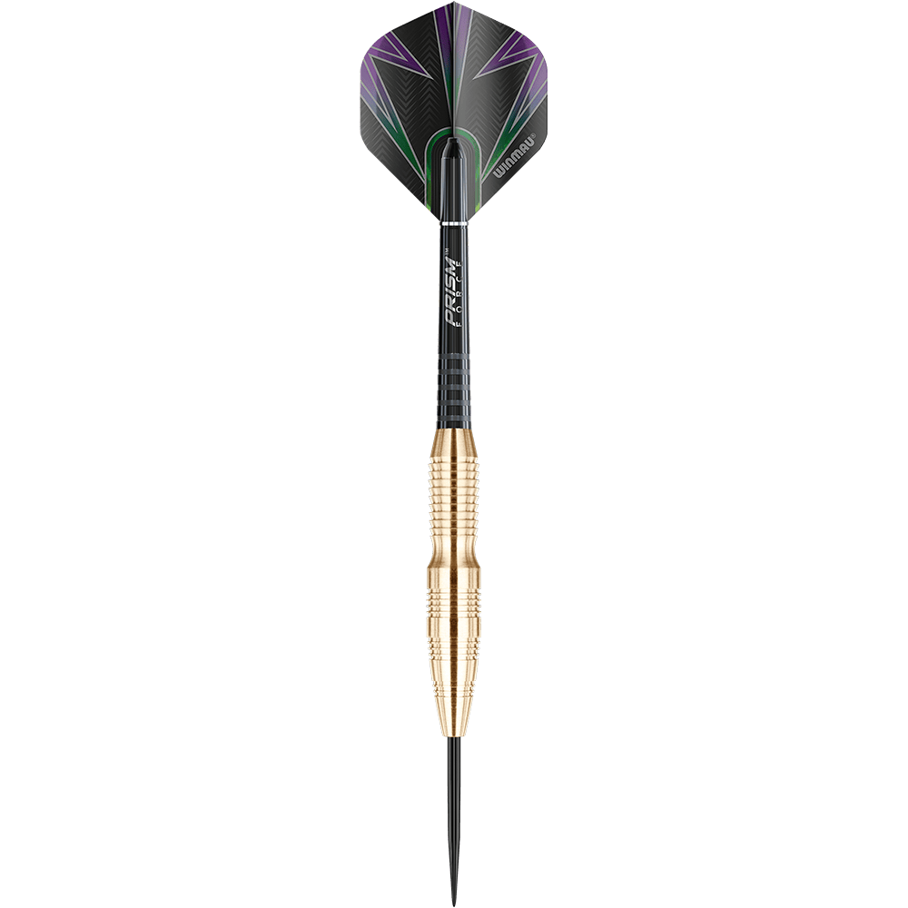 1224_Winmau_Simon_Whitlock_Brass_Steeldarts_1C5xuuCdsfzTQN Winmau Simon Whitlock Brass Steeldarts liegen nebeneinander. Die Oberfläche und Flights sind zu erkennen.