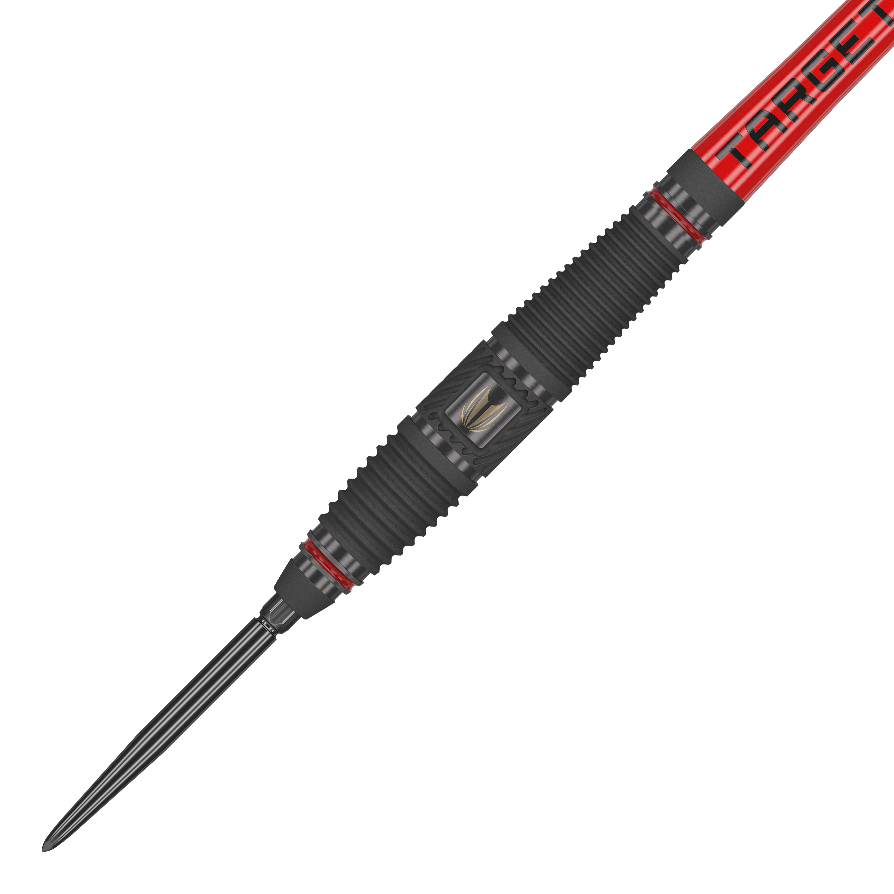 Target Scope 03 Swiss Point steel darts Das Bild zeigt ein Target Scope 03 Swiss Point Steeldart mit schwarzem und rotem Design. Die Oberfläche des Darts ist geriffelt und hat Metallakzente für besseren Halt.