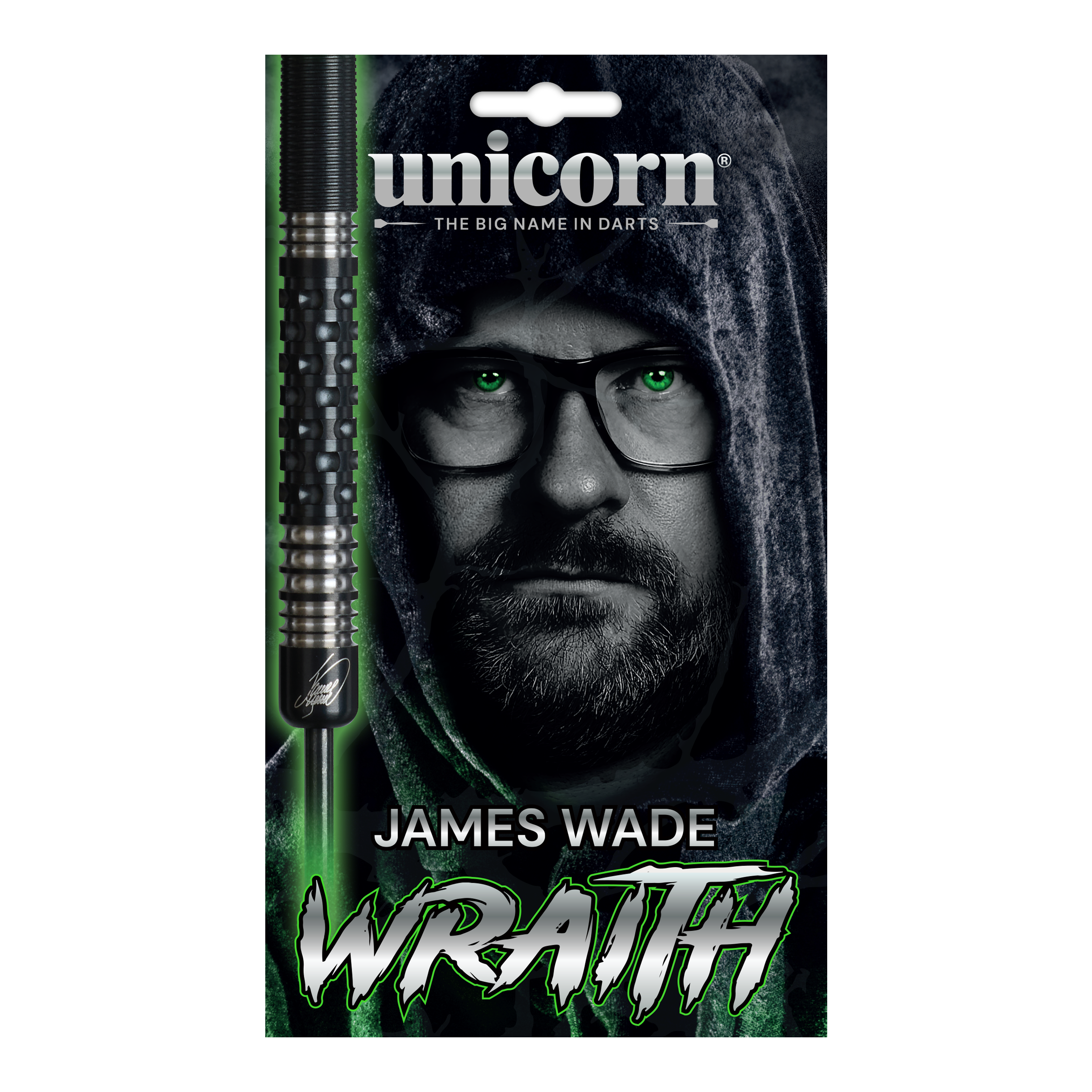 Die Abbildung zeigt die Unicorn Wraith James Wade Steeldarts. Die Darts sind für Präzisionswürfe im Dartsport konzipiert.