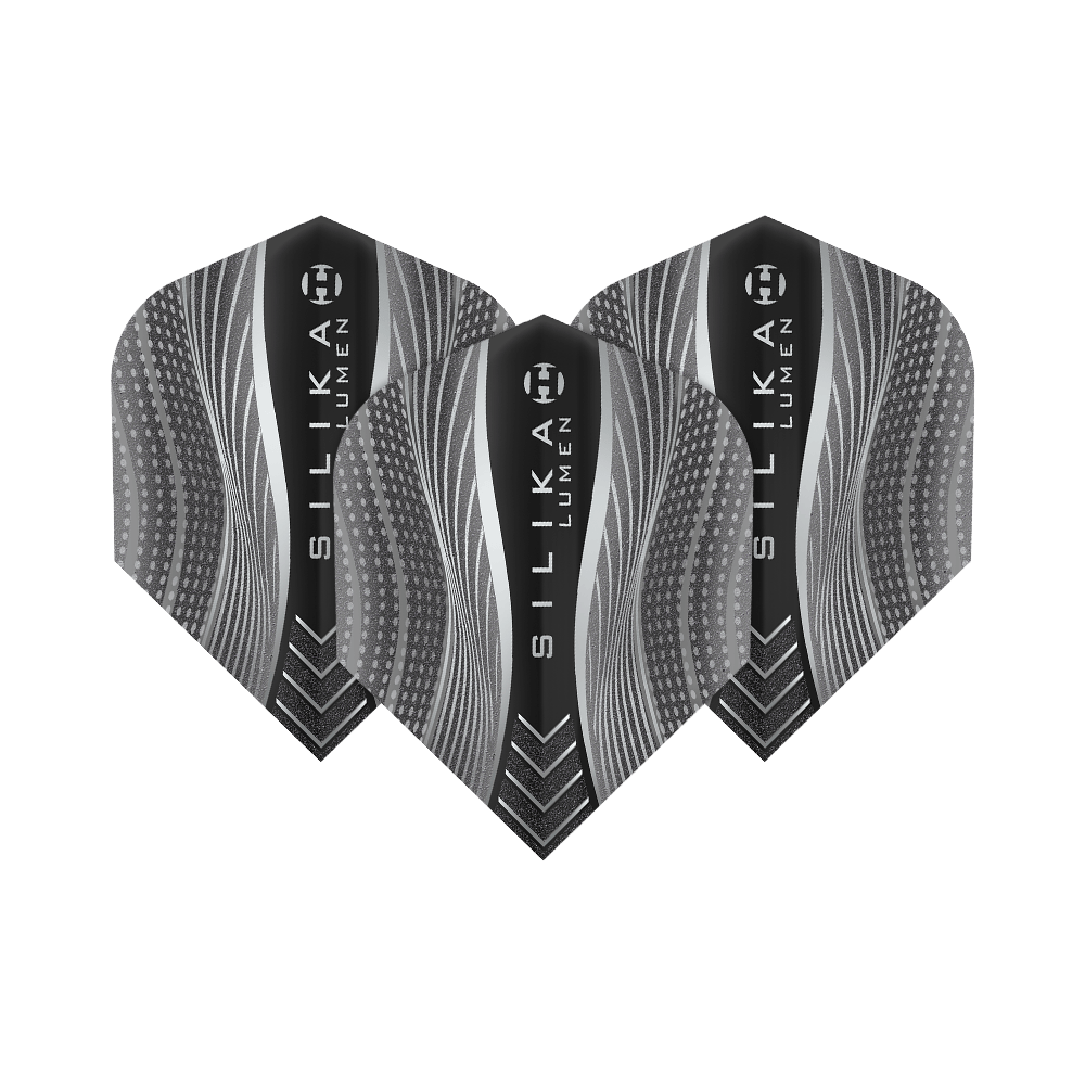 HF5127_Harrows_Silika_Lumen_Black_No6_Flights_1 Das Bild zeigt drei schwarze Dart-Flights mit dem Namen "Harrows Silika Lumen Black No6". Die Flights haben ein modernes, grafisches Muster mit wellenförmigen Linien und Punkten.