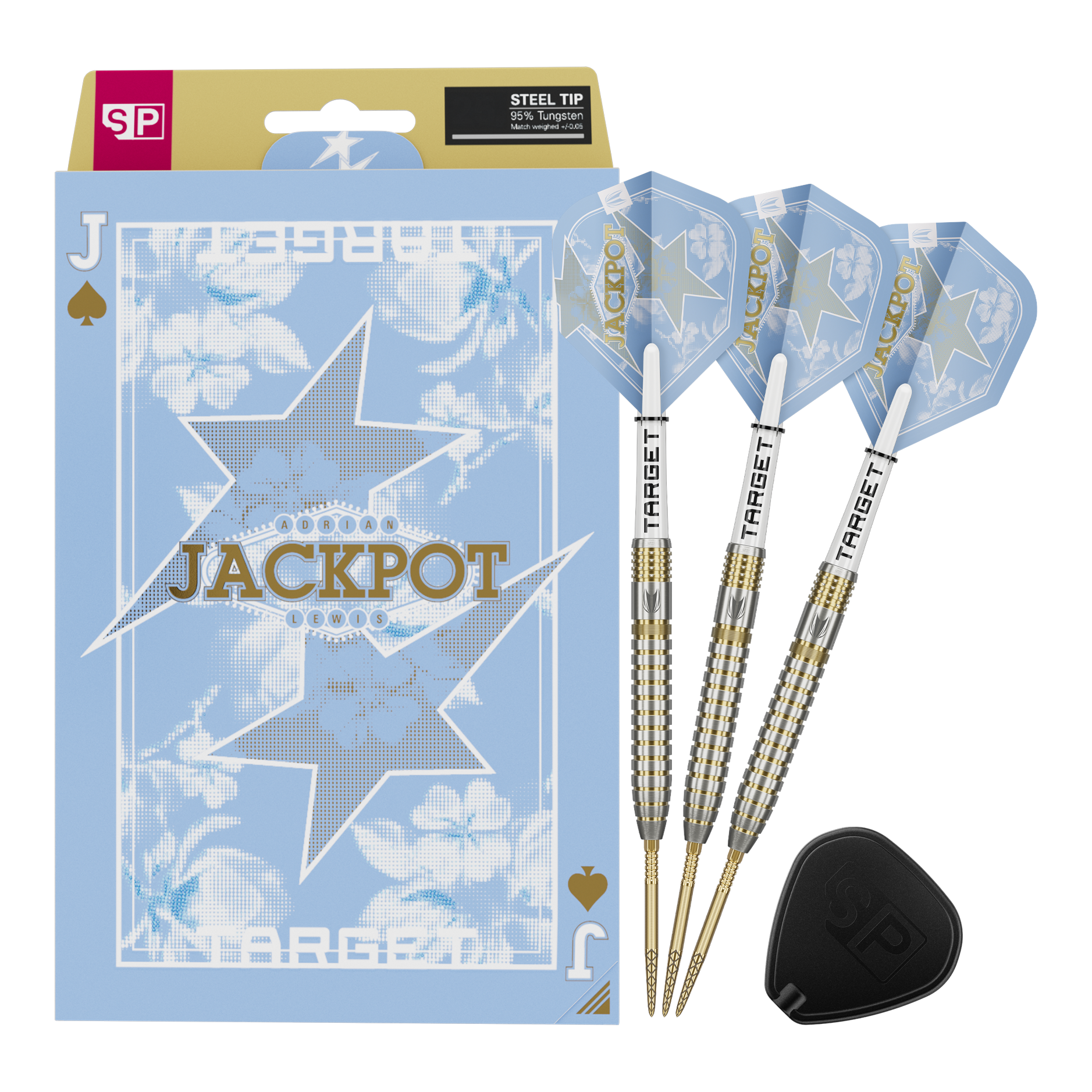Das Bild zeigt die Target Adrian Lewis Showdown Swiss Points Steeldarts. Die Darts sind für professionelle Spieler geeignet.