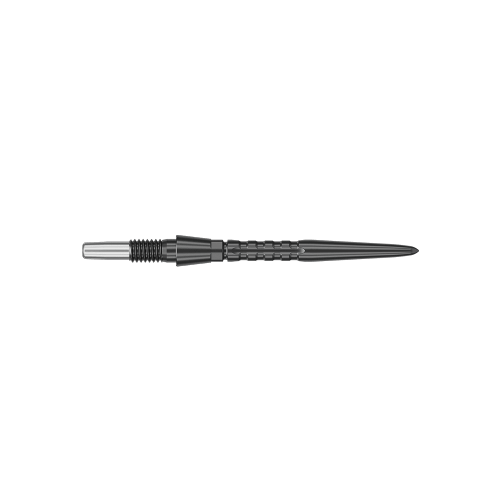 Target Swiss Point Storm Surge Steel Dart Tips - Black Das Bild zeigt eine schwarze Dartspitze aus Metall mit einer strukturierten Oberfläche. Die Spitze ist lang und schmal, mit einem silbernen Abschnitt am Ende.