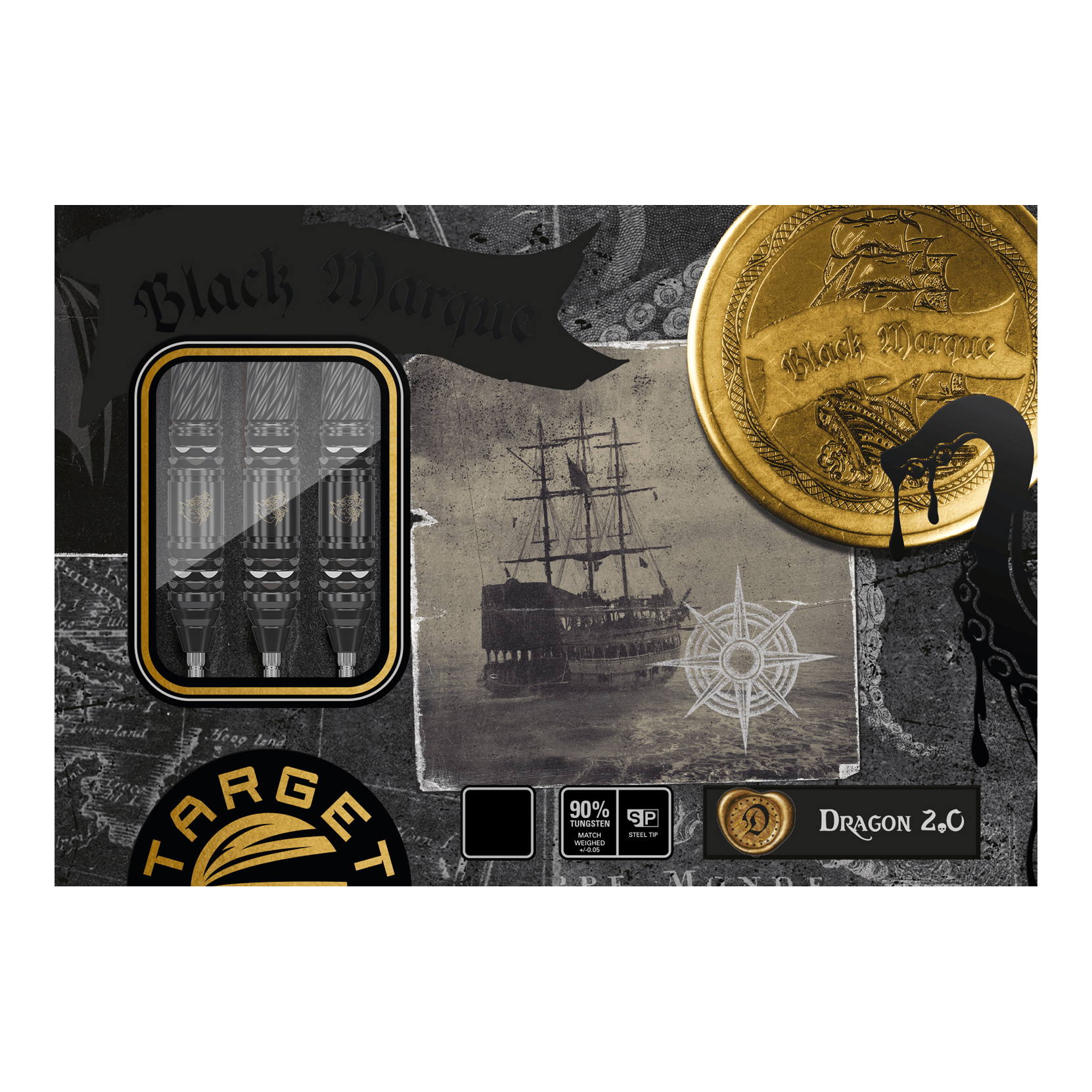 Target Japan Black Marque Dragon GEN2 Swiss Point Steel Darts Das Bild zeigt die Verpackung der "Target Japan Black Marque Dragon GEN2 Swiss Point Steeldarts". Auf der Verpackung sind ein Schiff, ein goldener Münze und drei Darts sichtbar.
