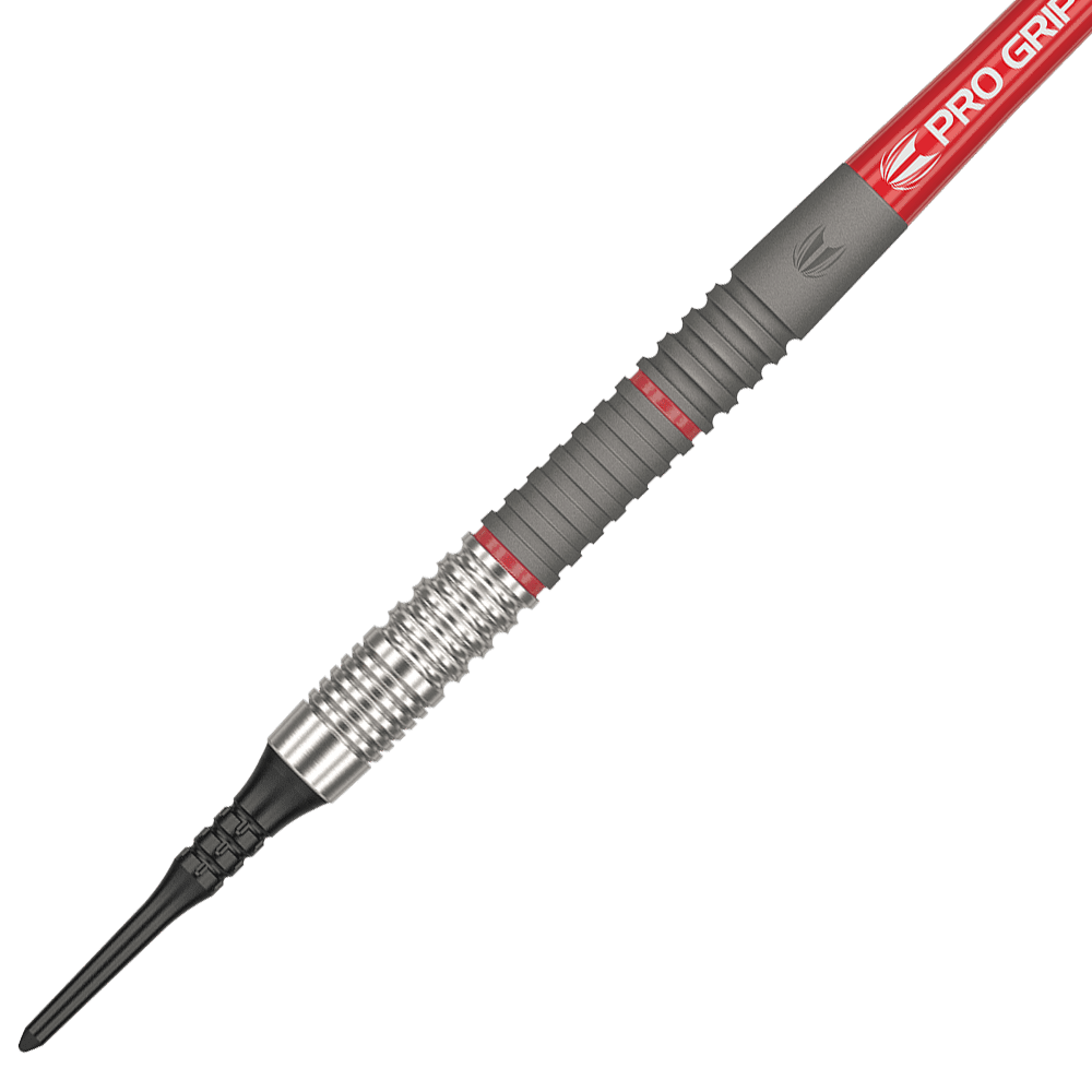 210302_Targer_Sync_11_Softdarts_2 Dies ist ein Softdartpfeil mit einer silbernen und grauen Griffzone sowie roten Akzenten. Die Spitze ist schwarz und aus Kunststoff.