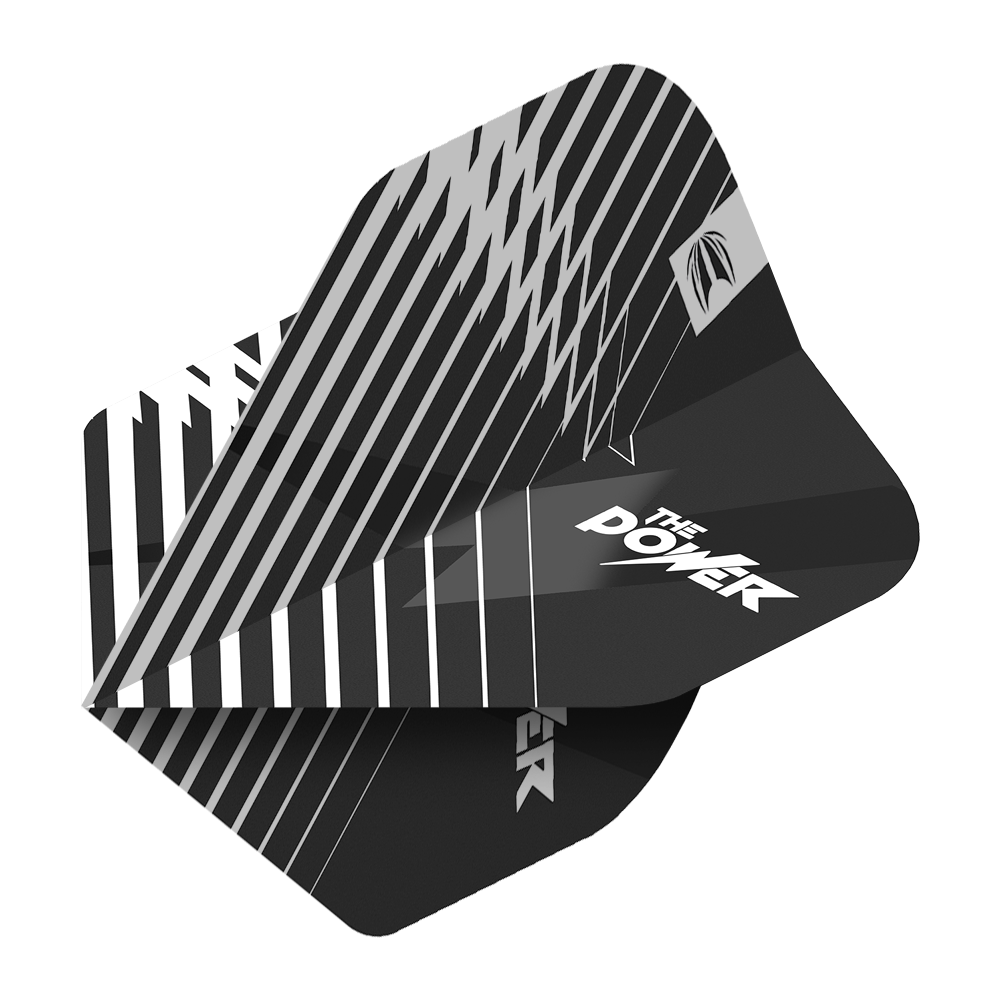 Das Bild zeigt die Target ProUltra Phil Taylor Black No2 Standard Flights. Die Flights sind schwarz-weiß gemustert und haben den Aufdruck "The Power".