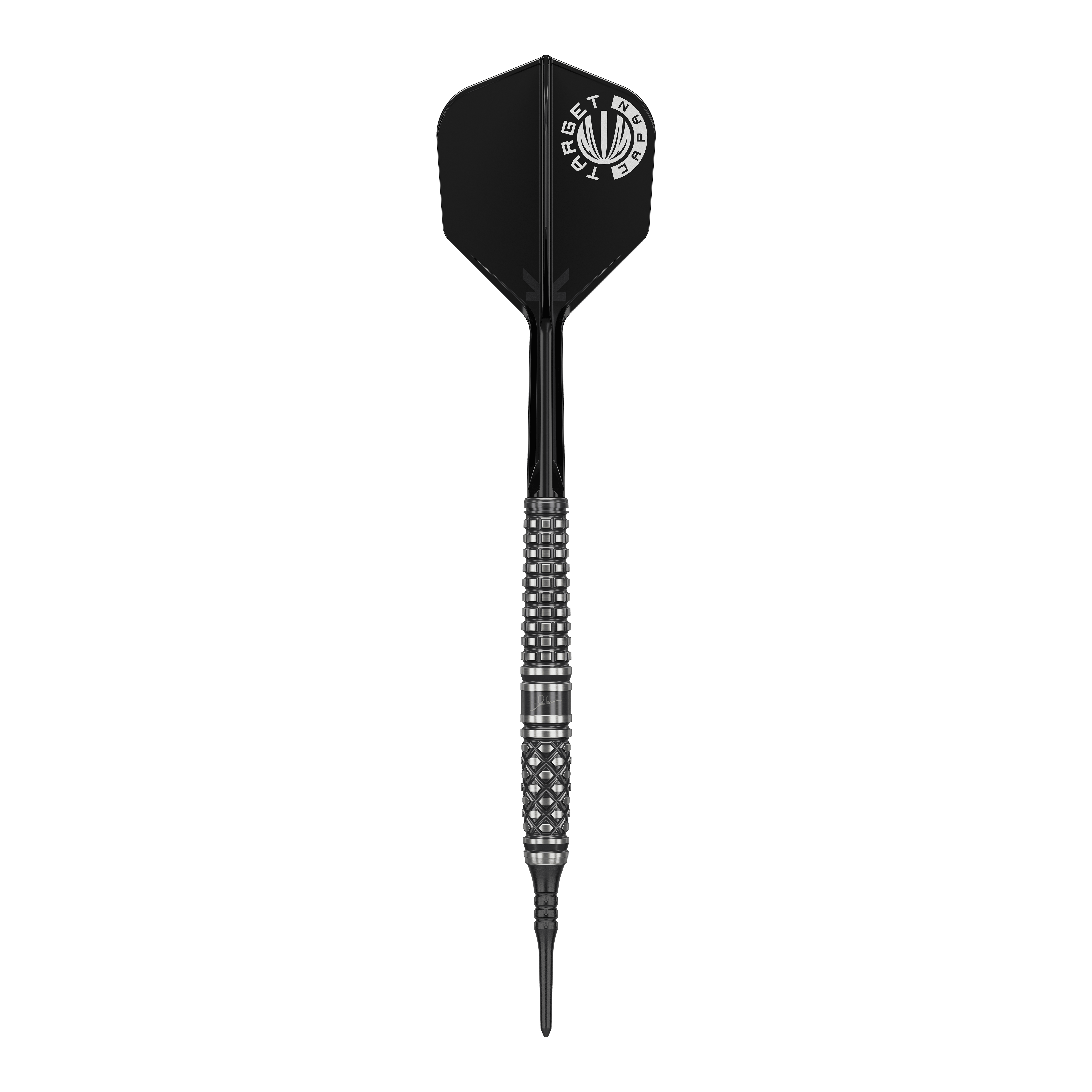 Target Japan Paul Lim The Legend GEN8 Soft Darts - 19g Das Bild zeigt einen Softdart mit schwarzer Spitze, silbernem, strukturiertem Barrel und schwarzer Flight. Auf dem Flight steht in Weiß „TARGET JAPAN“.