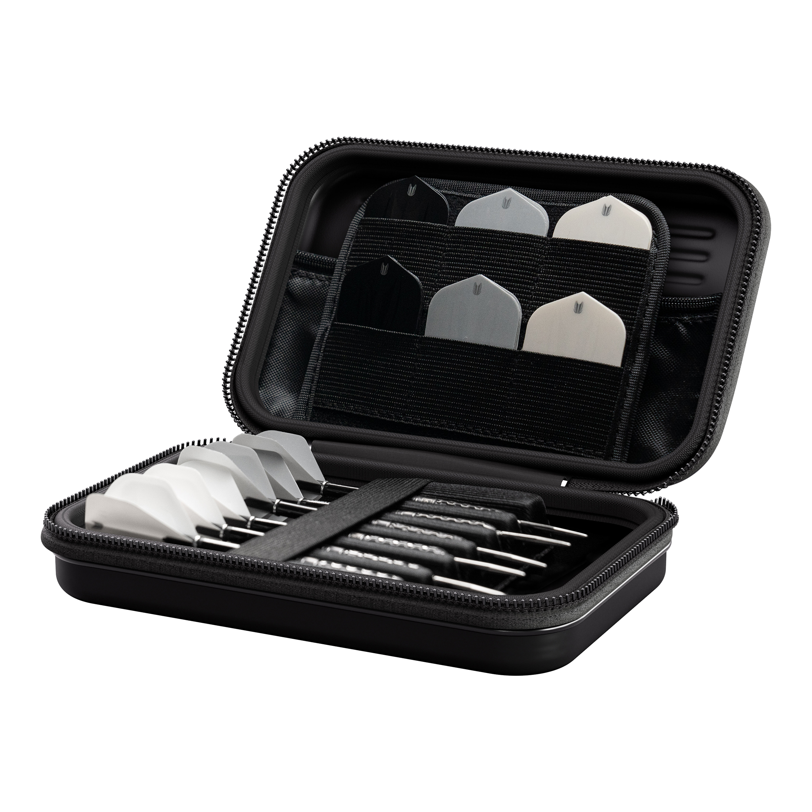 Takoma XL Ghost Series Raymond Van Barneveld dart case Das Bild zeigt das Produkt "Target Takoma Bolide XL Dartcase". In dem geöffneten Etui sind mehrere Dartpfeile und Ersatzflights ordentlich verstaut.